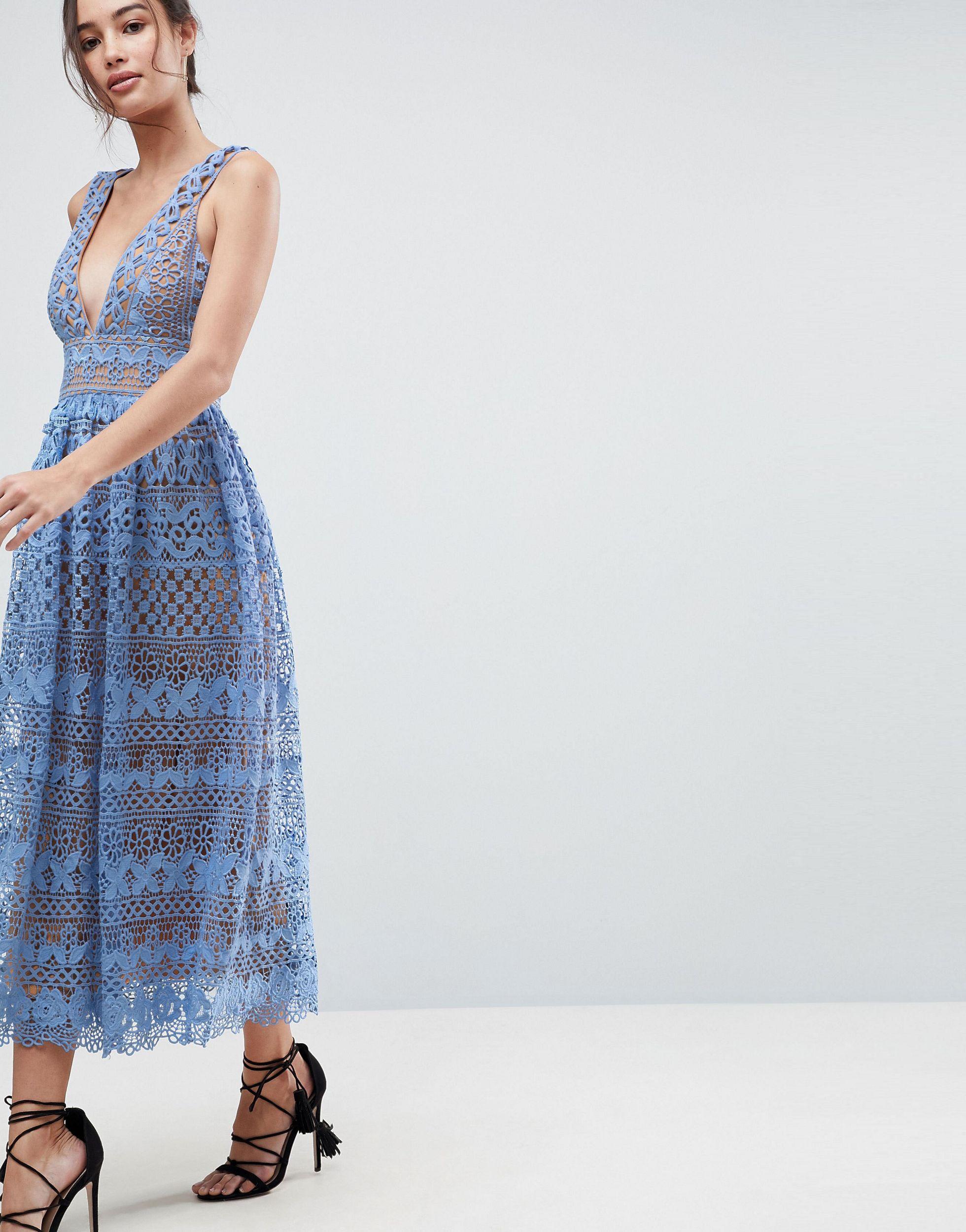 Boohoo Exclusive Lace Midi Dress in Blue | Lyst