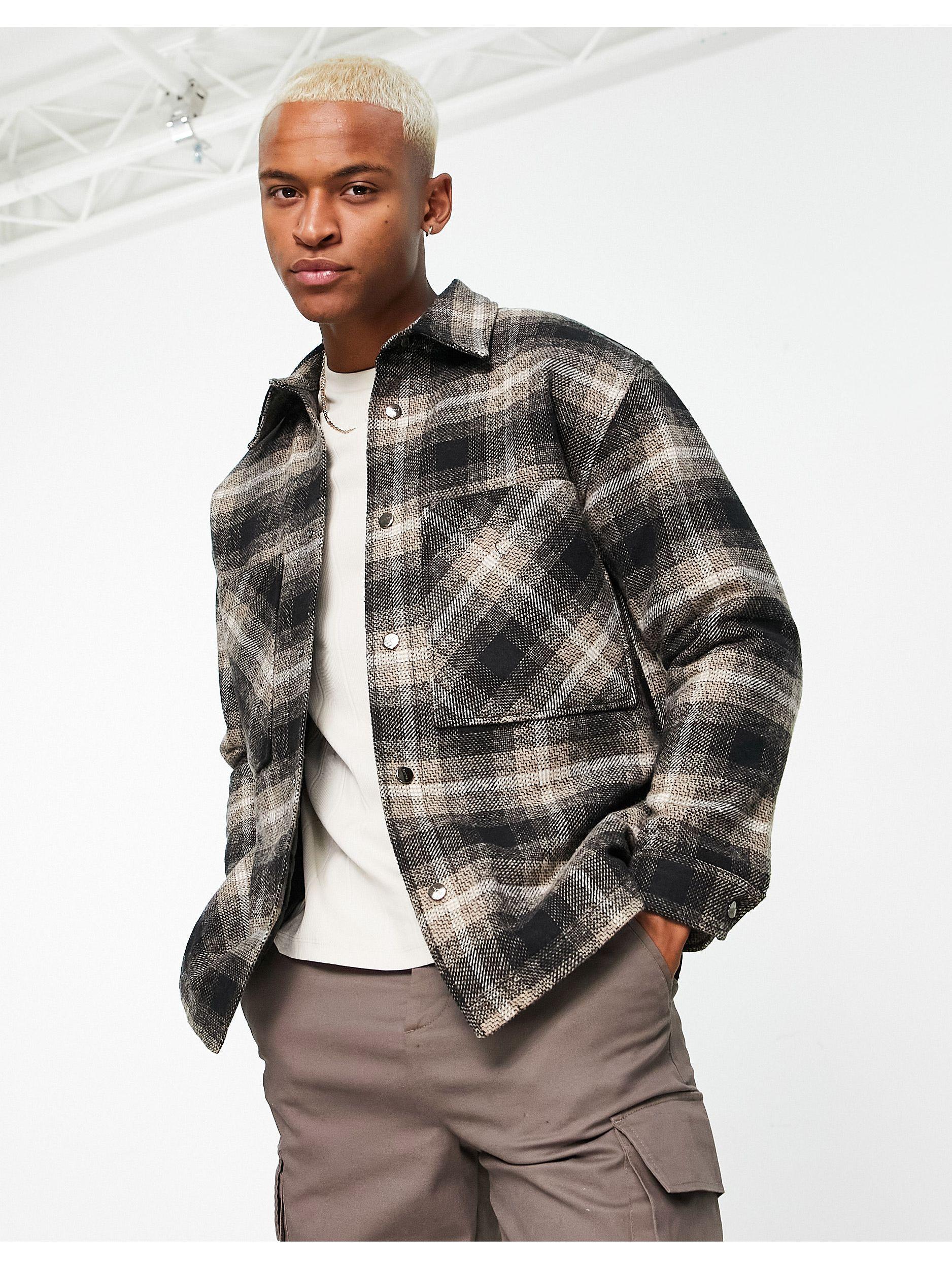Bershka Faux Wool Oversized Check Shirt Jacket in Gray for Men | Lyst