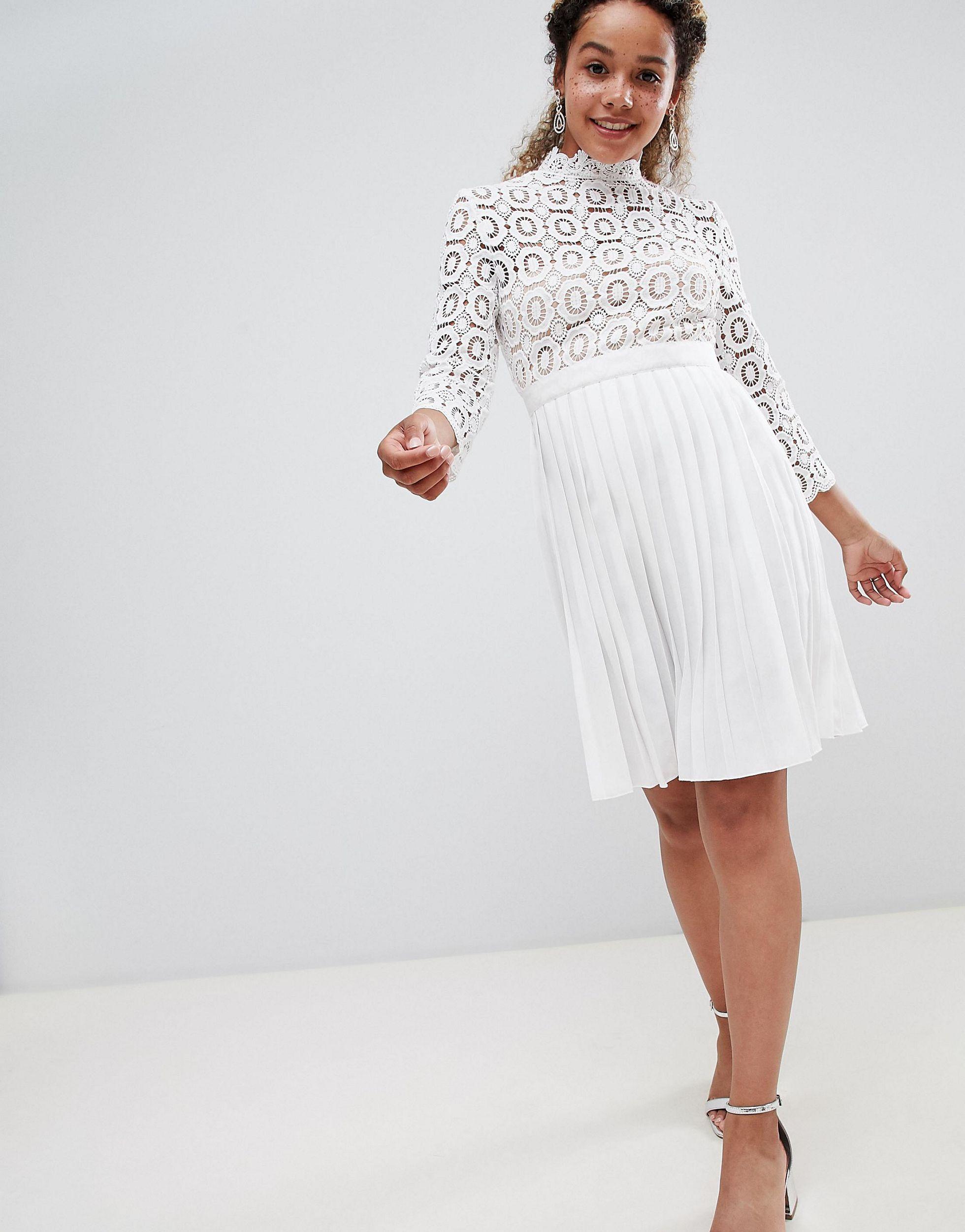 white lace top pleated midi dress