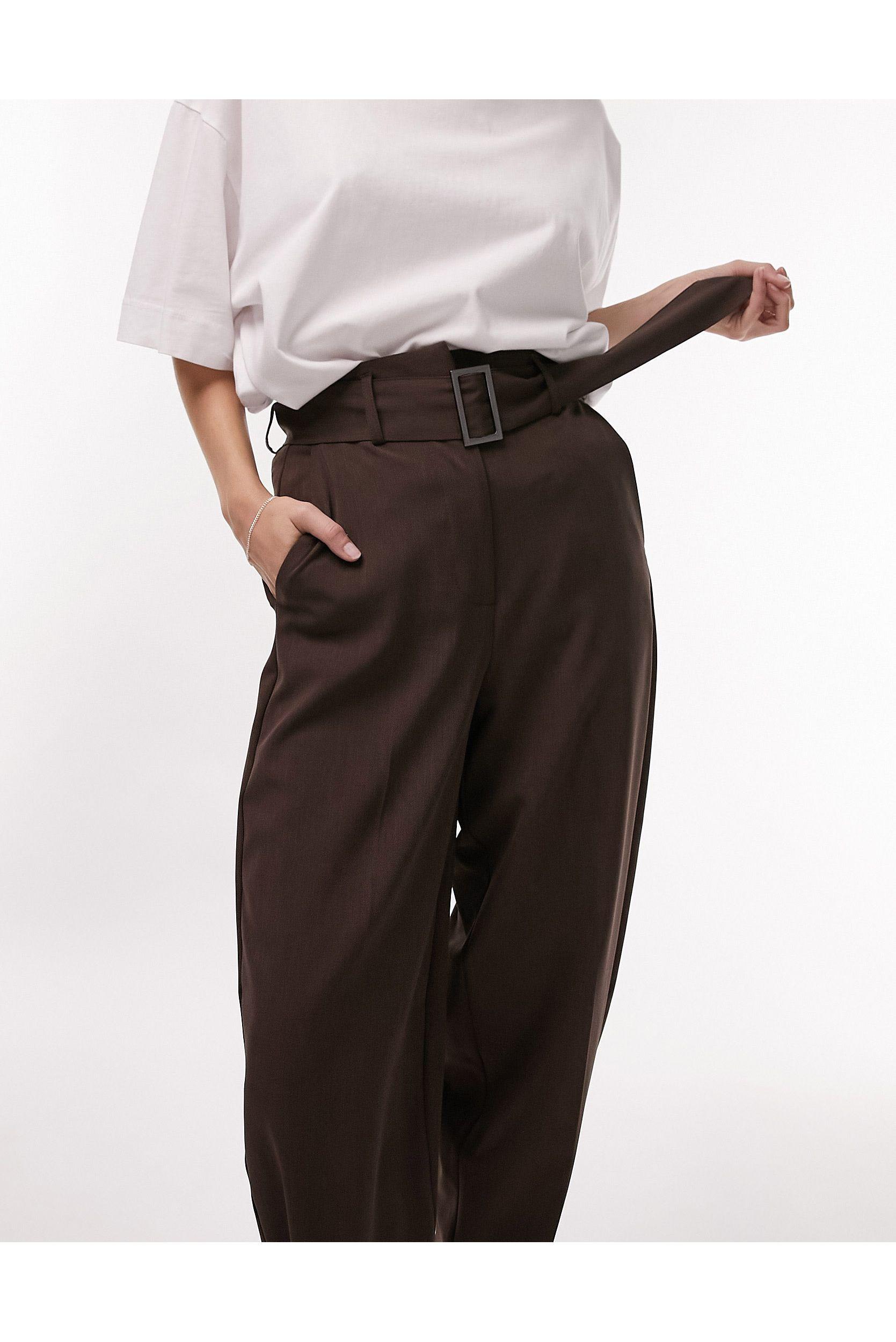 TOPSHOP Belted Peg Pants in Brown | Lyst