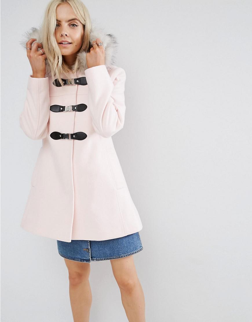 ASOS Duffle Coat With Faux Fur Hood in Pink - Lyst