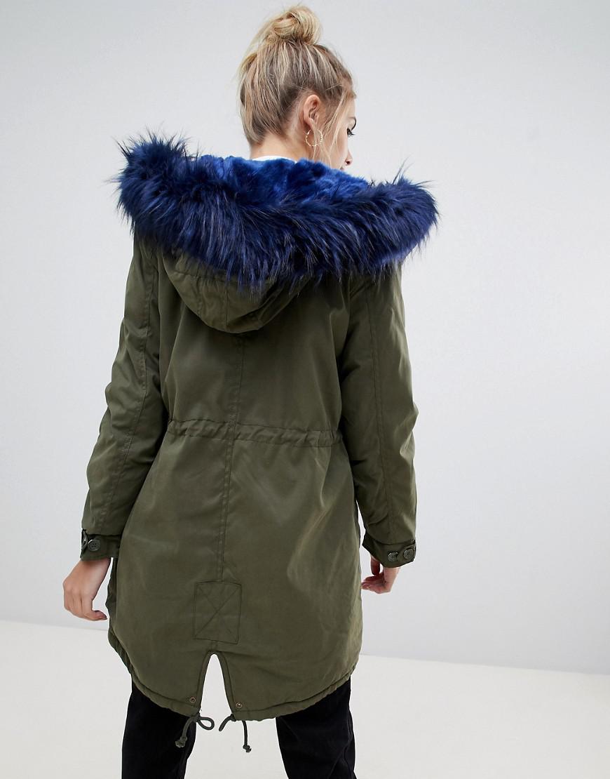 Bershka Parka Coat With Faux Fur Hood And Trim in Green | Lyst