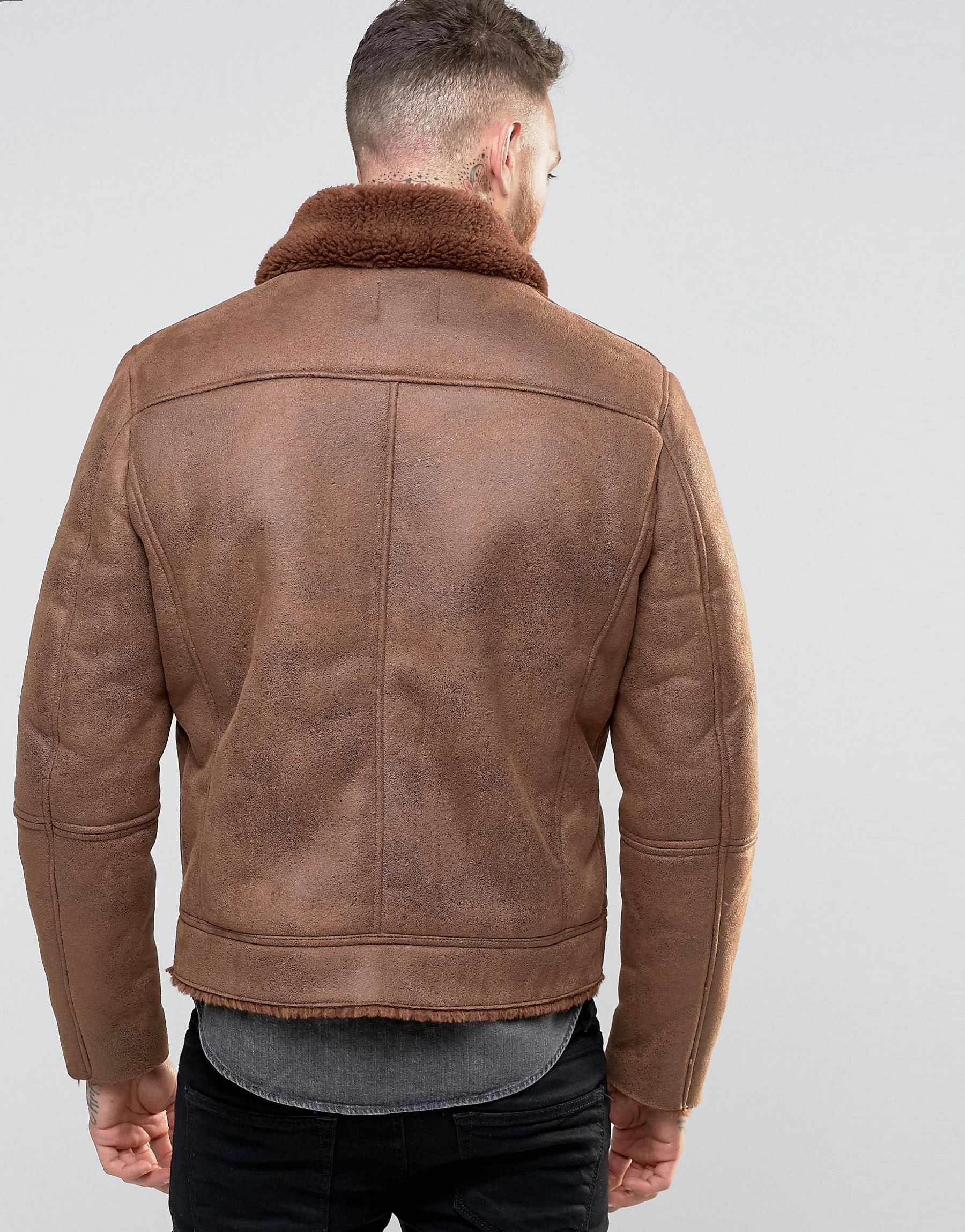 ASOS Leather Faux Shearling Jacket In Brown for Men - Lyst