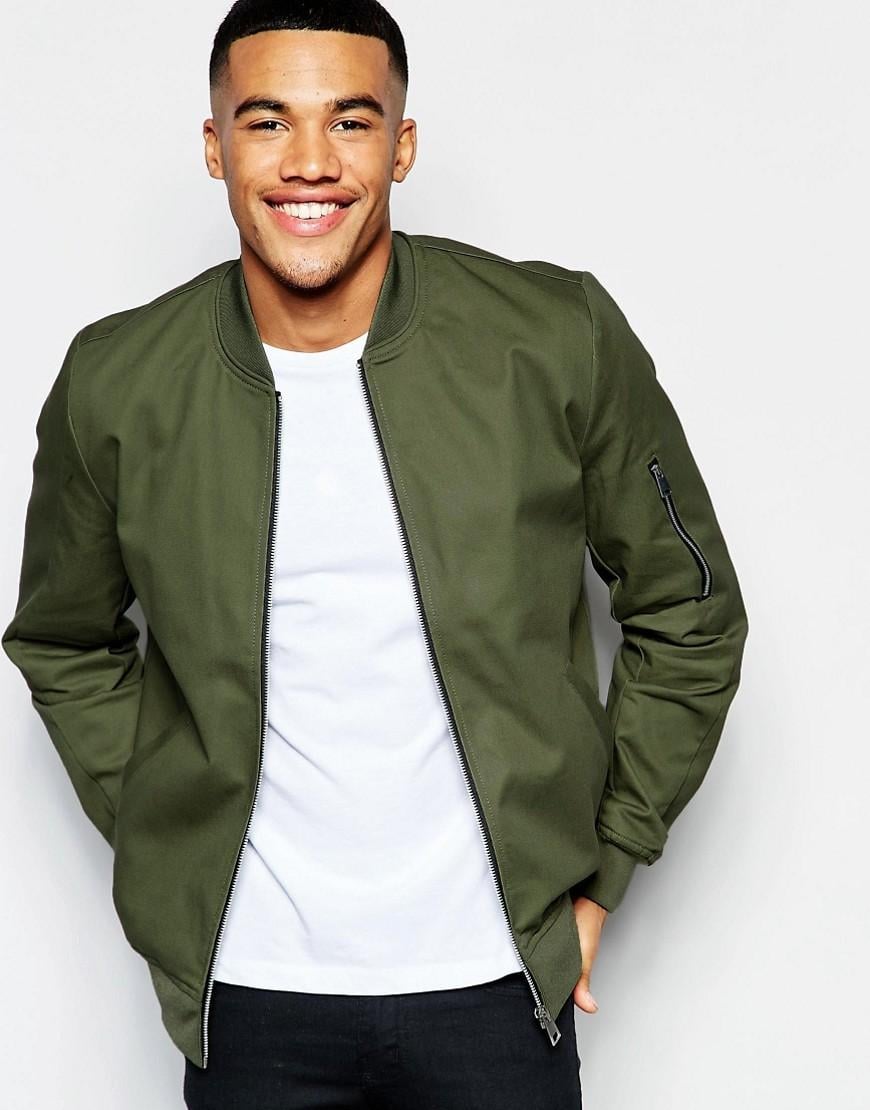 Asos Cotton Bomber Jacket With Sleeve Zip In Khaki in Green for Men | Lyst