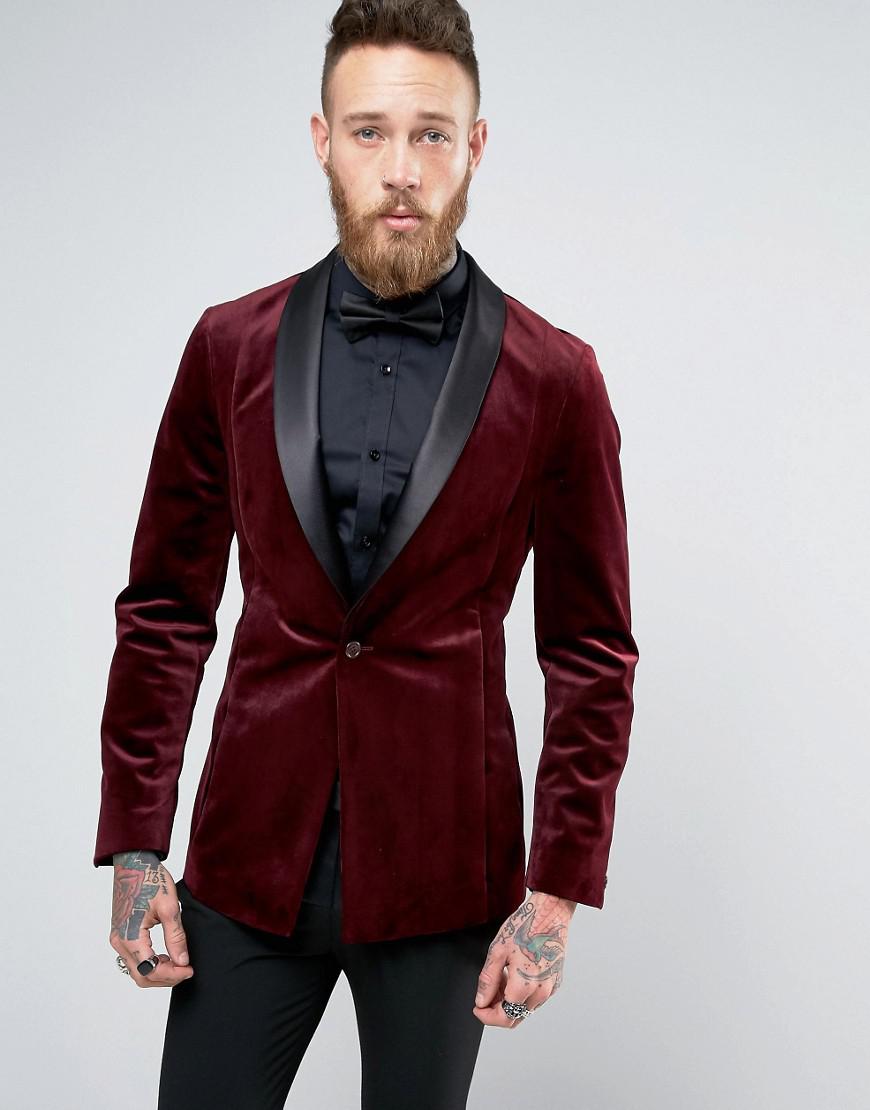 ASOS Skinny Smoking Jacket In Burgundy Velvet in Red for Men | Lyst