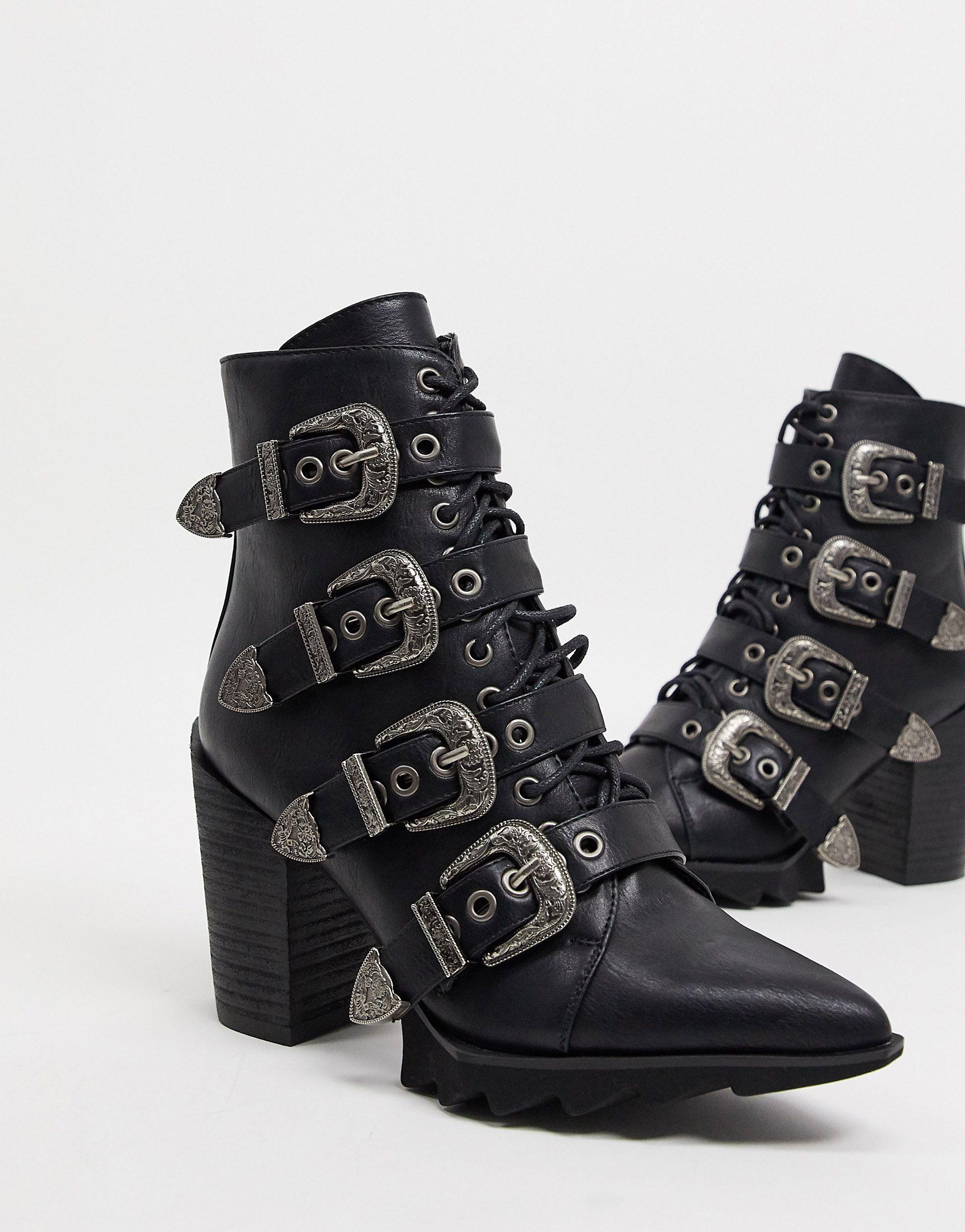 LAMODA Don't Even Heeled Buckle Boots in Black | Lyst