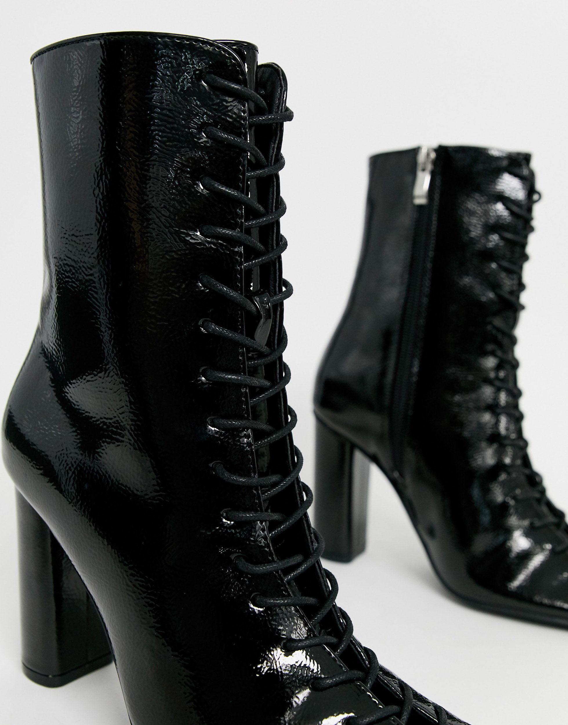 Glamorous Black Patent Lace Up Ankle Boots | Lyst
