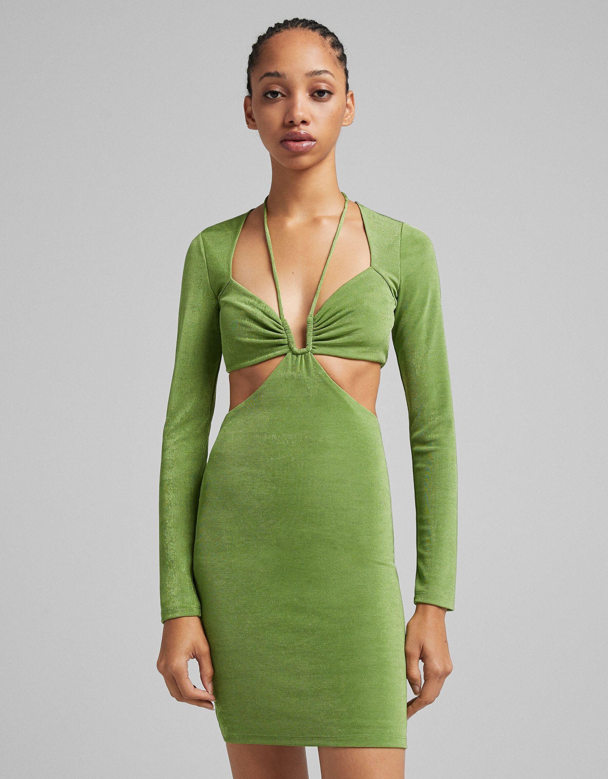 Bershka Cut Out Detail Square Neck Mini Dress in Green | Lyst