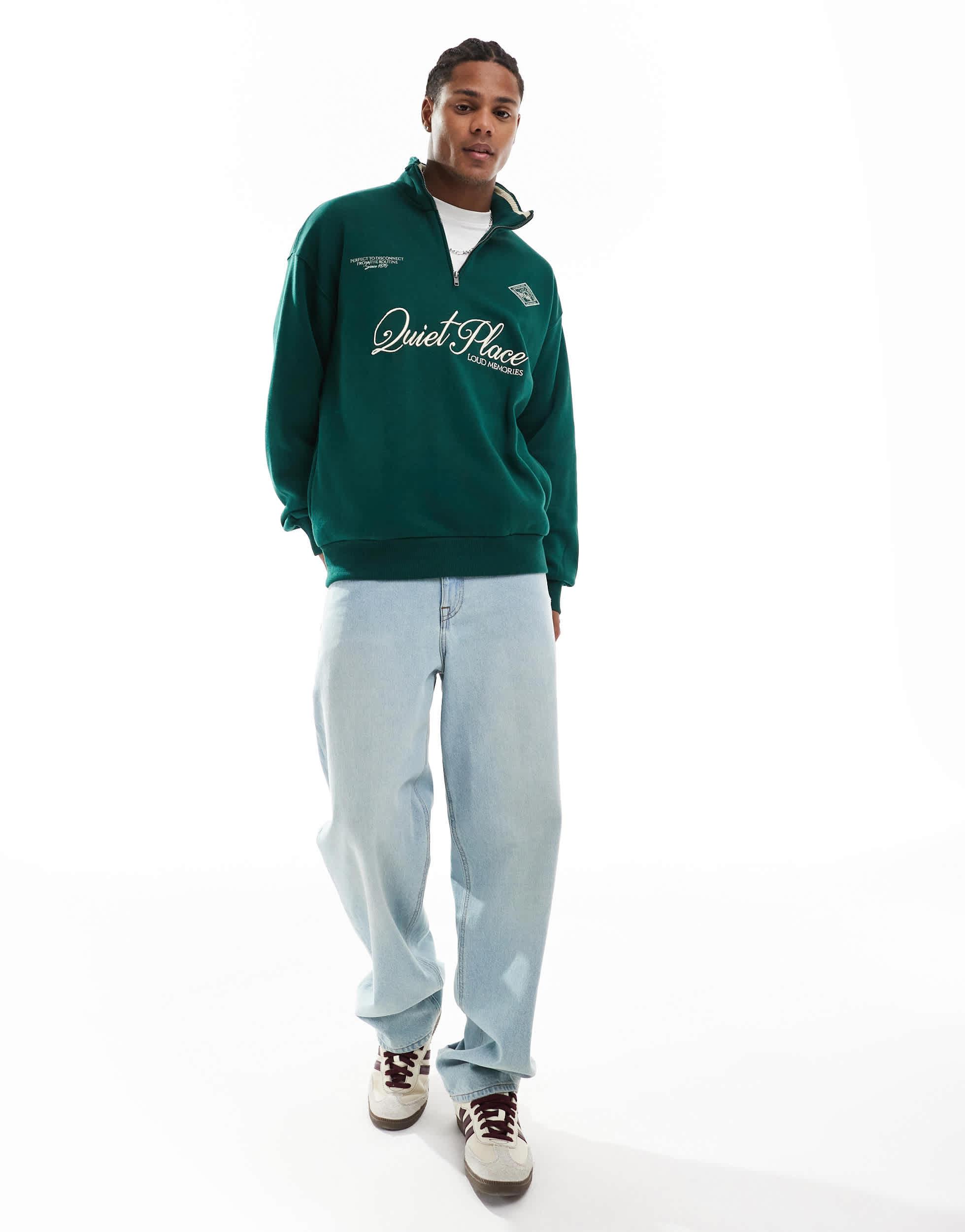 Bershka 1/4 Zip Printed Sweatshirt in Green for Men | Lyst