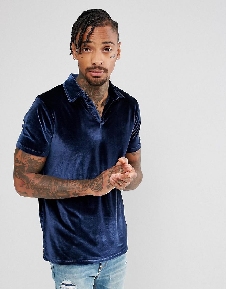 ASOS Polo Shirt With Revere Collar In Navy Velour in Blue for Men | Lyst