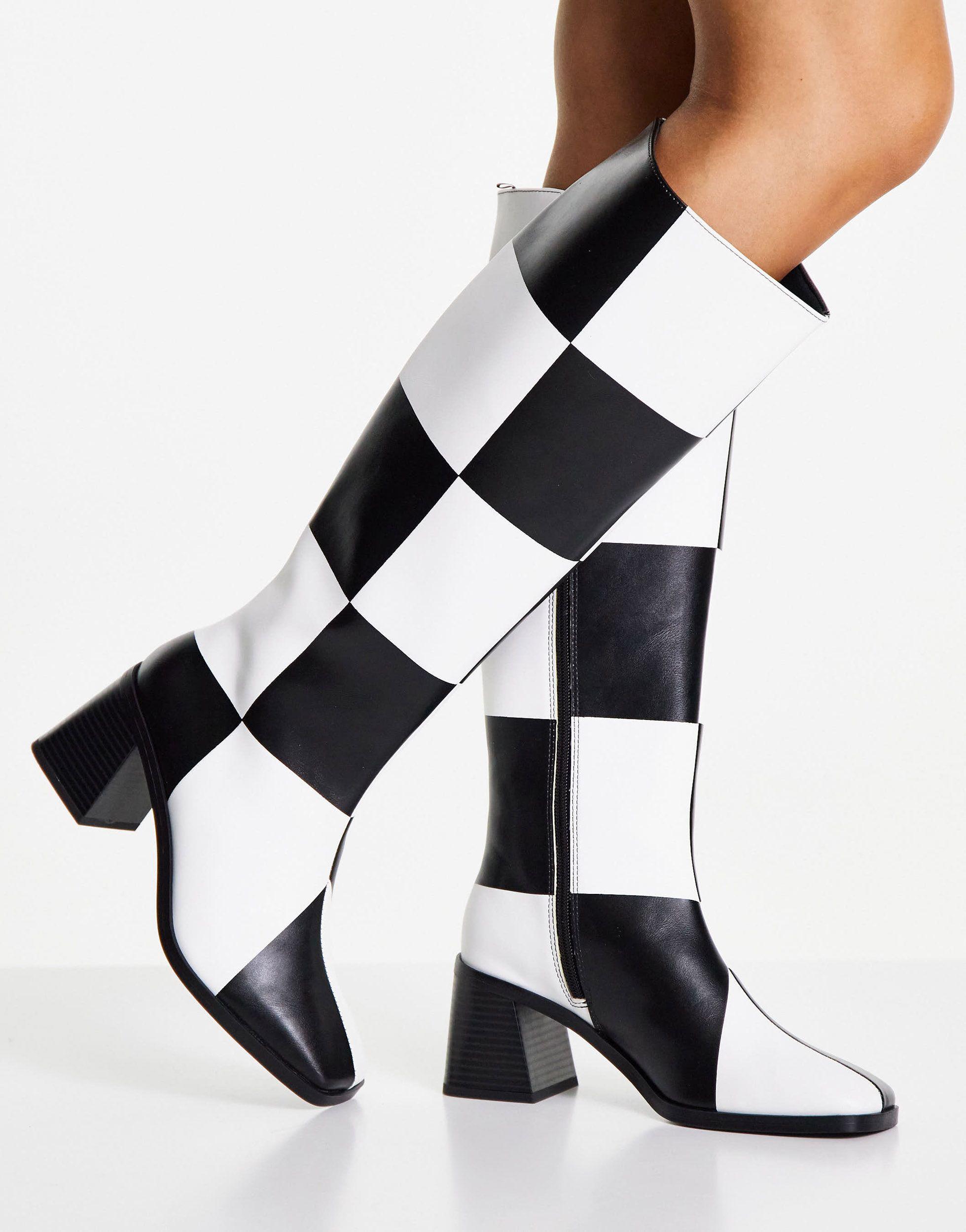 Monki Polly Vegan-friendly Checkerboard Knee-high Heeled Boots in Black |  Lyst Australia