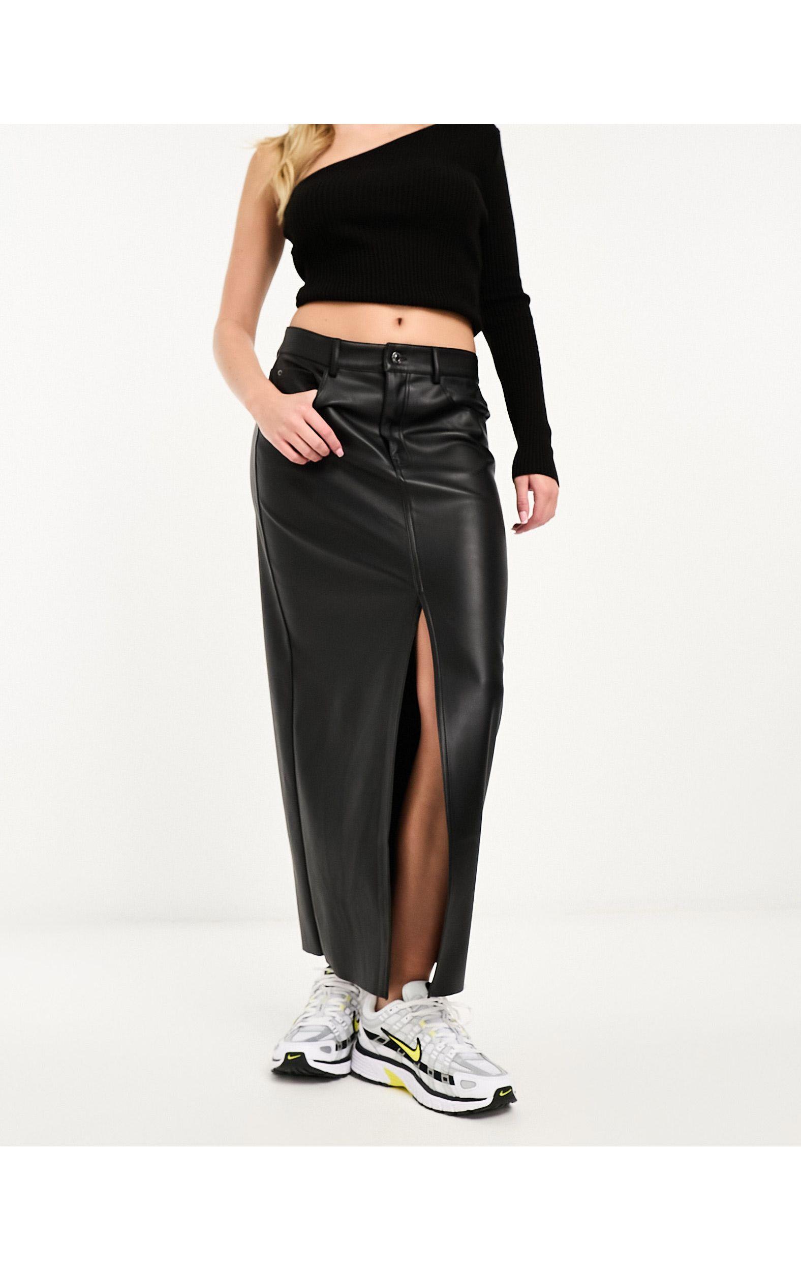Stradivarius Coated Denim Midi Skirt in Black Lyst