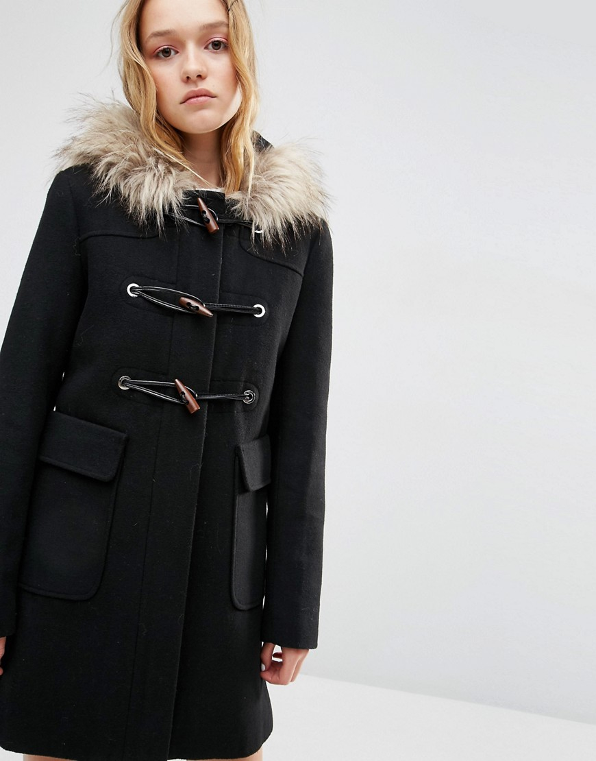 ASOS Wool Blend Faux Fur Hooded Duffle Coat in Black Lyst