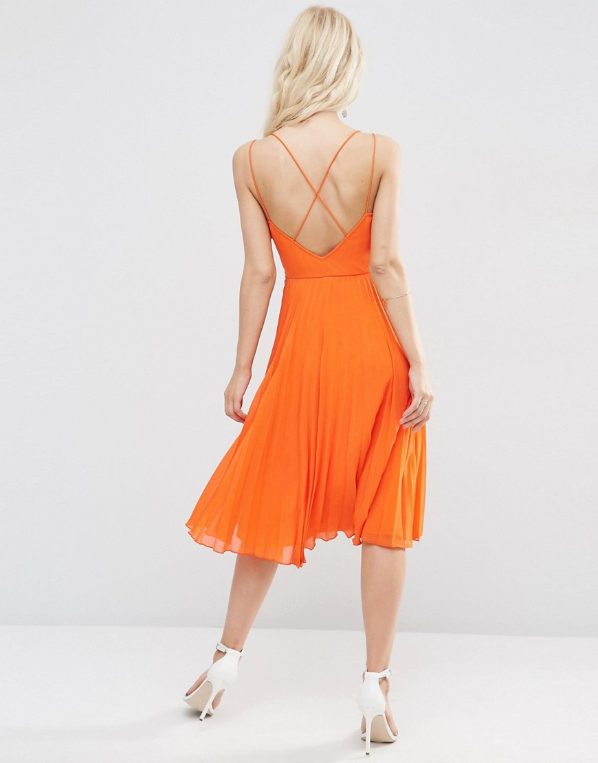 ASOS Synthetic Strappy Midi Dress With Pleated Skirt in Orange - Lyst