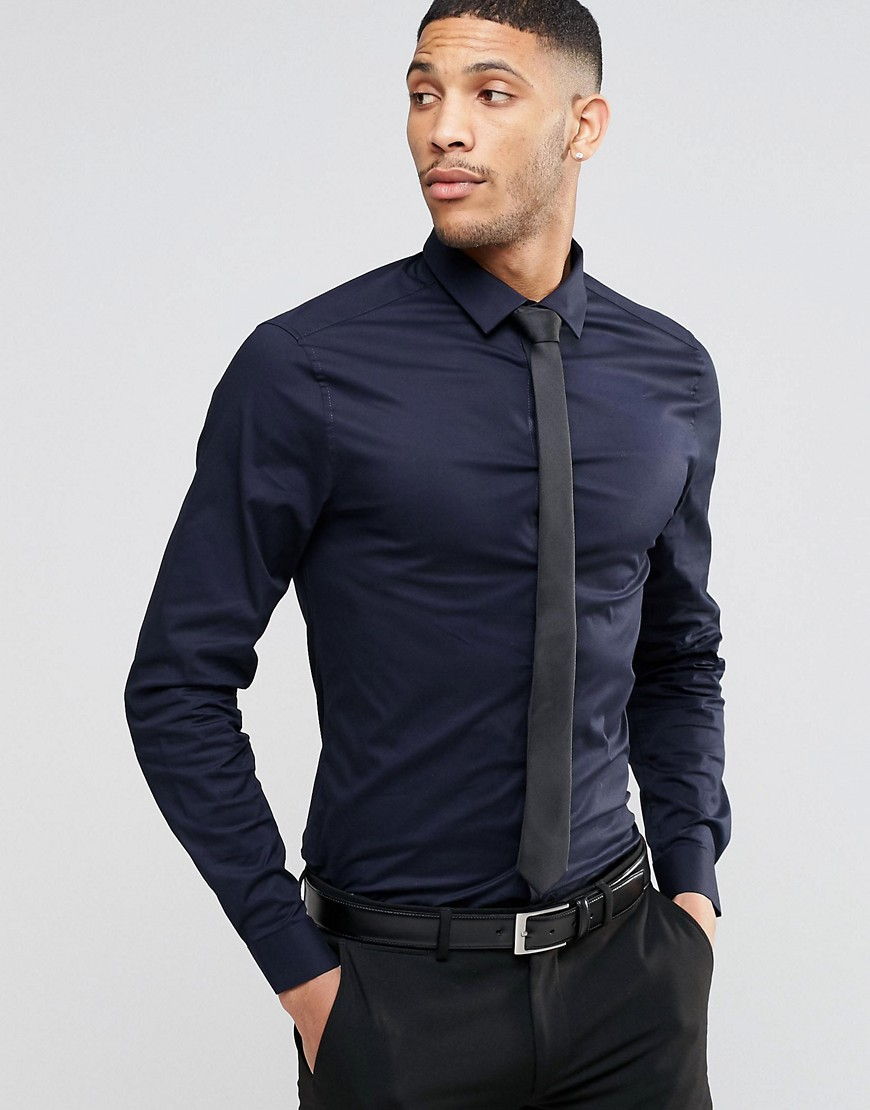 ASOS Skinny Shirt In Navy With Black Tie Save 15% in Blue for Men | Lyst