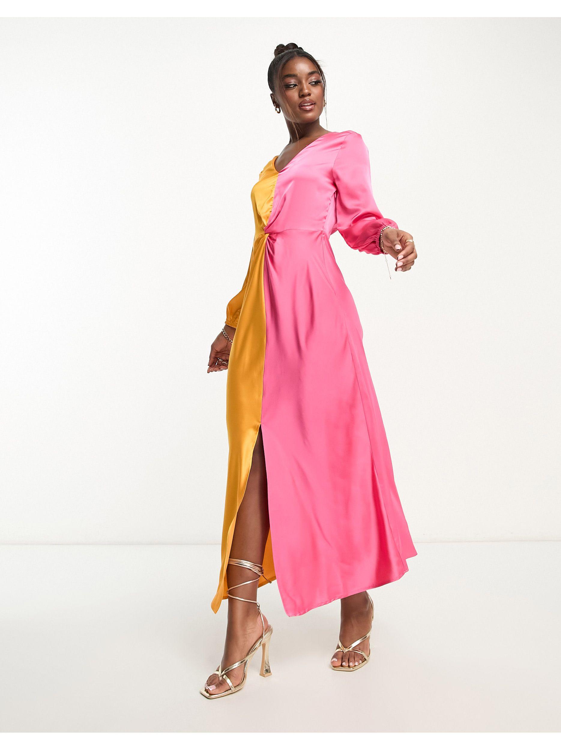 Monki Long Sleeve Ruched Satin Colour Block Front Maxi Dress in Pink | Lyst
