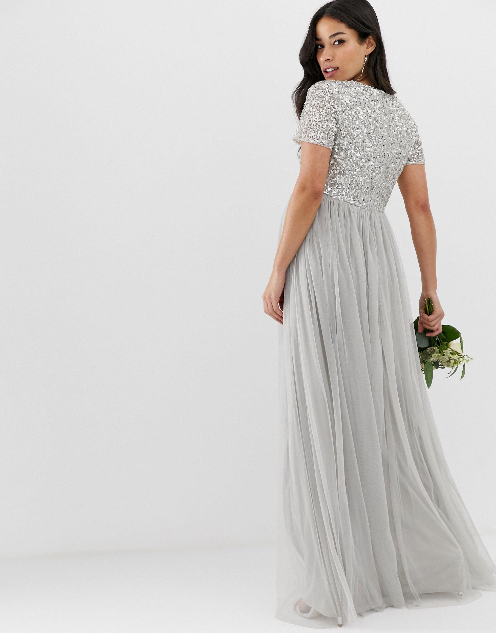 maya bridesmaid v neck maxi tulle dress with tonal delicate sequins