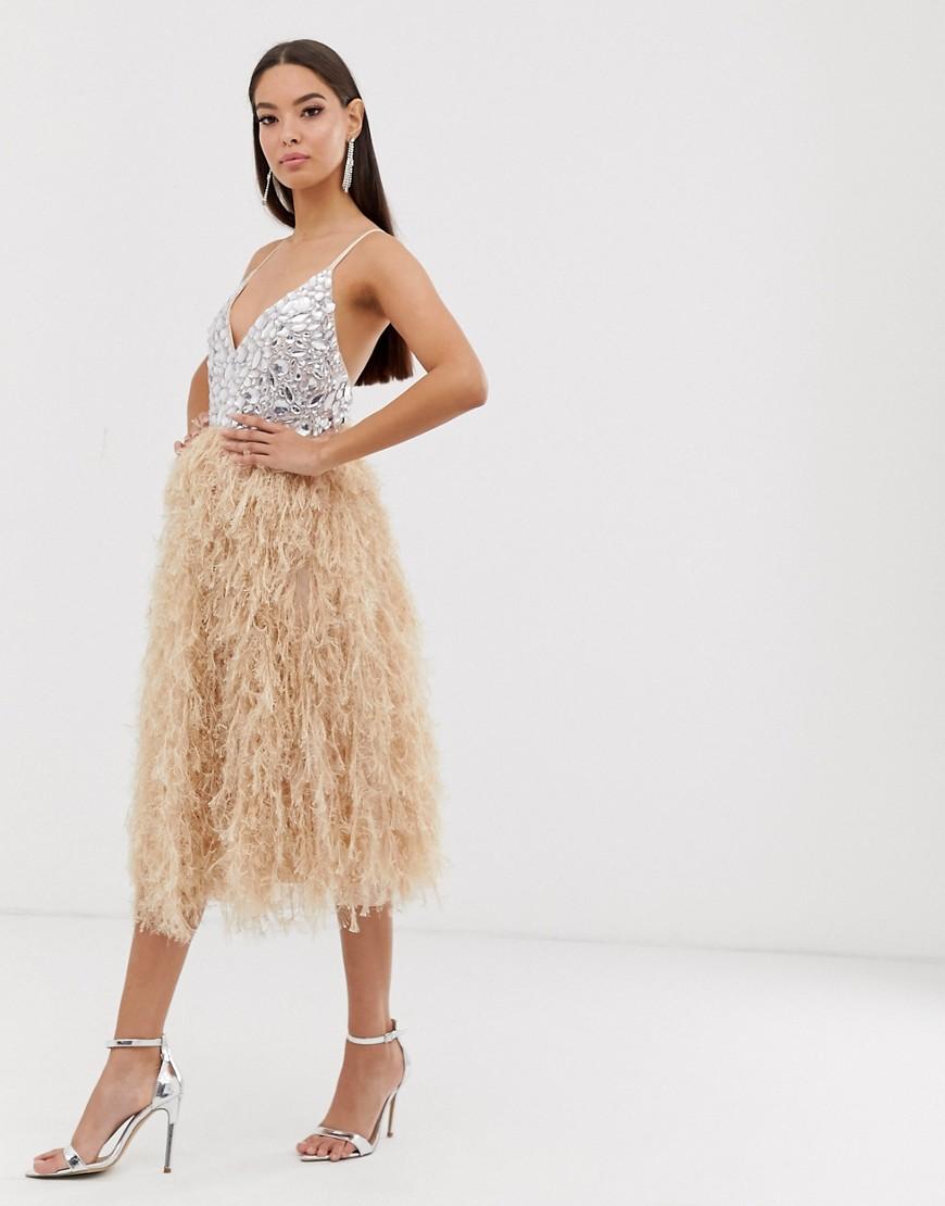 ASOS Synthetic Encrusted Bodice Faux Feather Midi Dress in Pink - Lyst