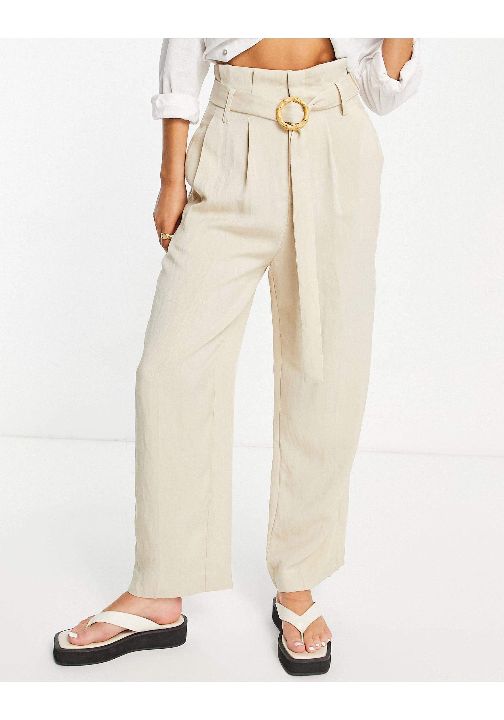 Urban Revivo High Waisted Linen Trousers With Belt in Natural | Lyst