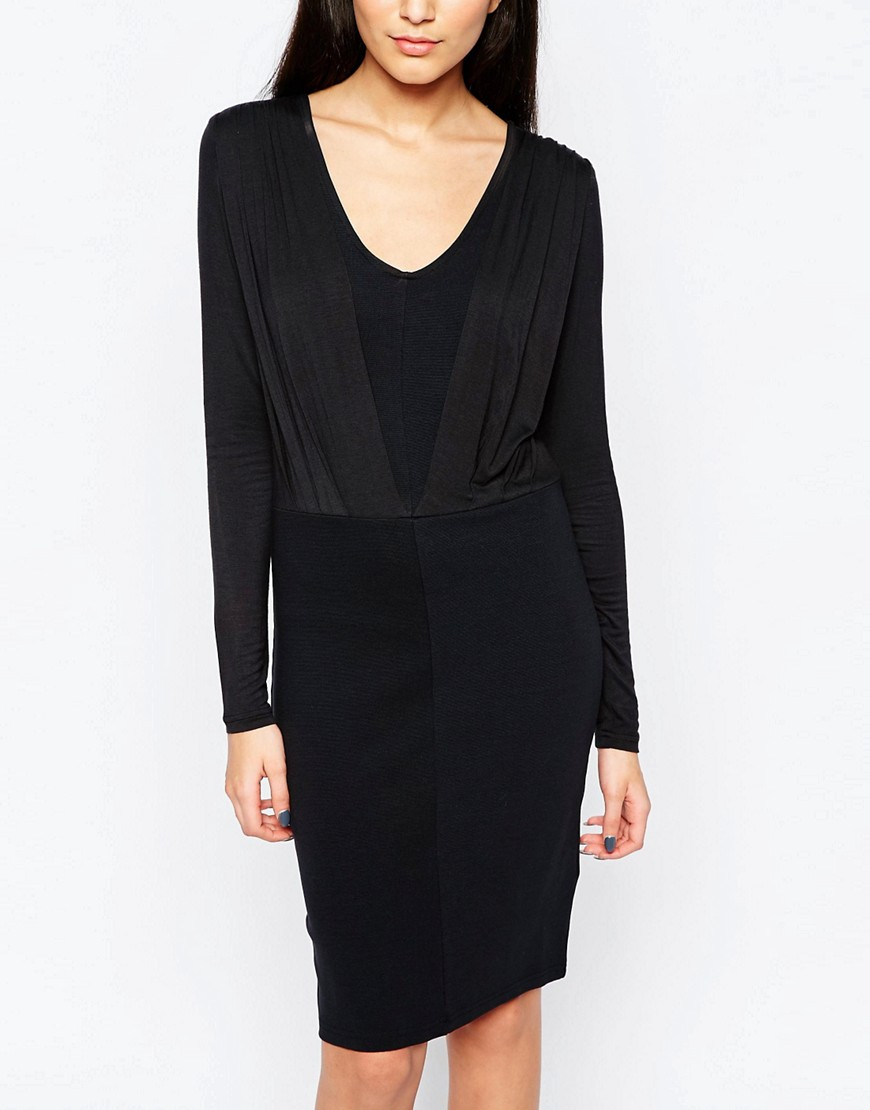 Ichi Long Sleeve Pencil Dress With Keyhole Back in Black | Lyst