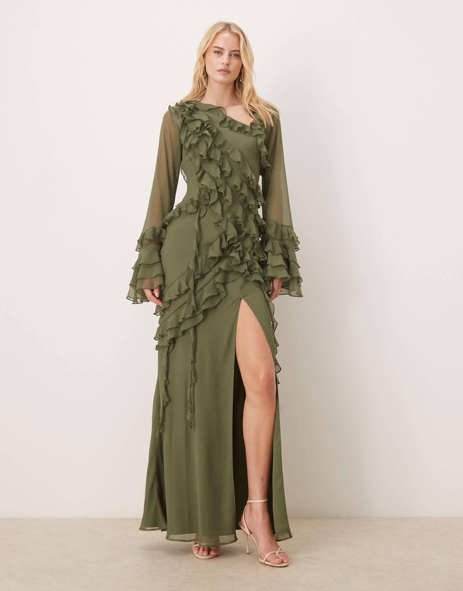 green long sleeve dress asos ASOS DESIGN satin large floral embroidery long sleeve maxi dress in olive green
