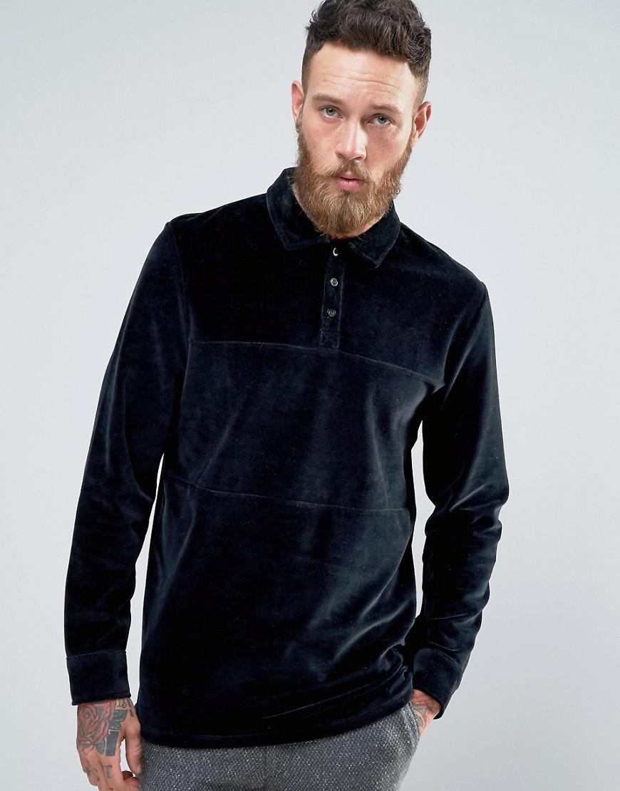 ASOS Longline Long Sleeve Polo Shirt In Navy Velour With Rugby Styling ...
