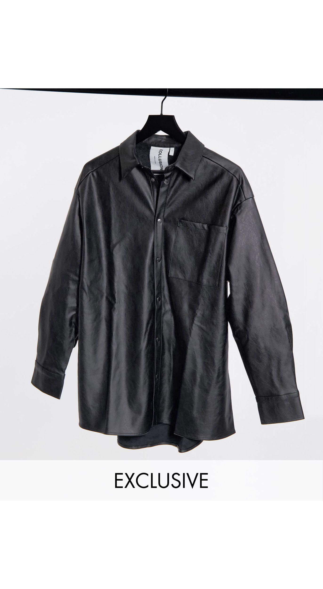 collusion unisex oversized pu shirt in black