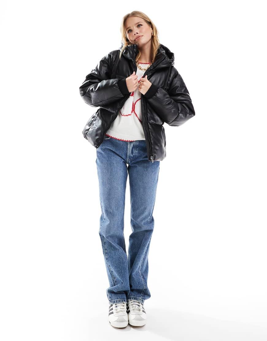 Pull&Bear Faux Leather Puffer Jacket With Hood in Black Lyst UK