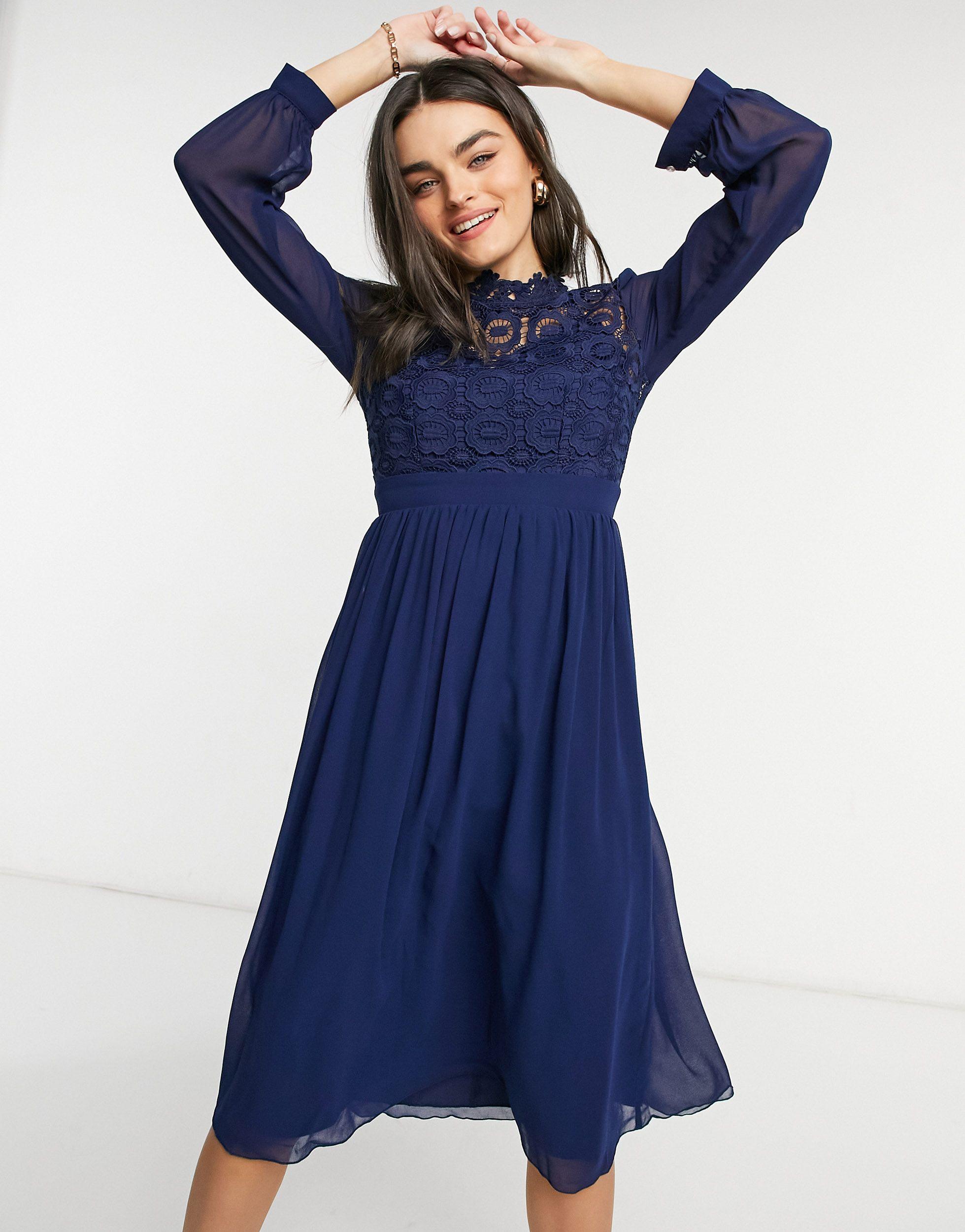 navy high neck midi dress