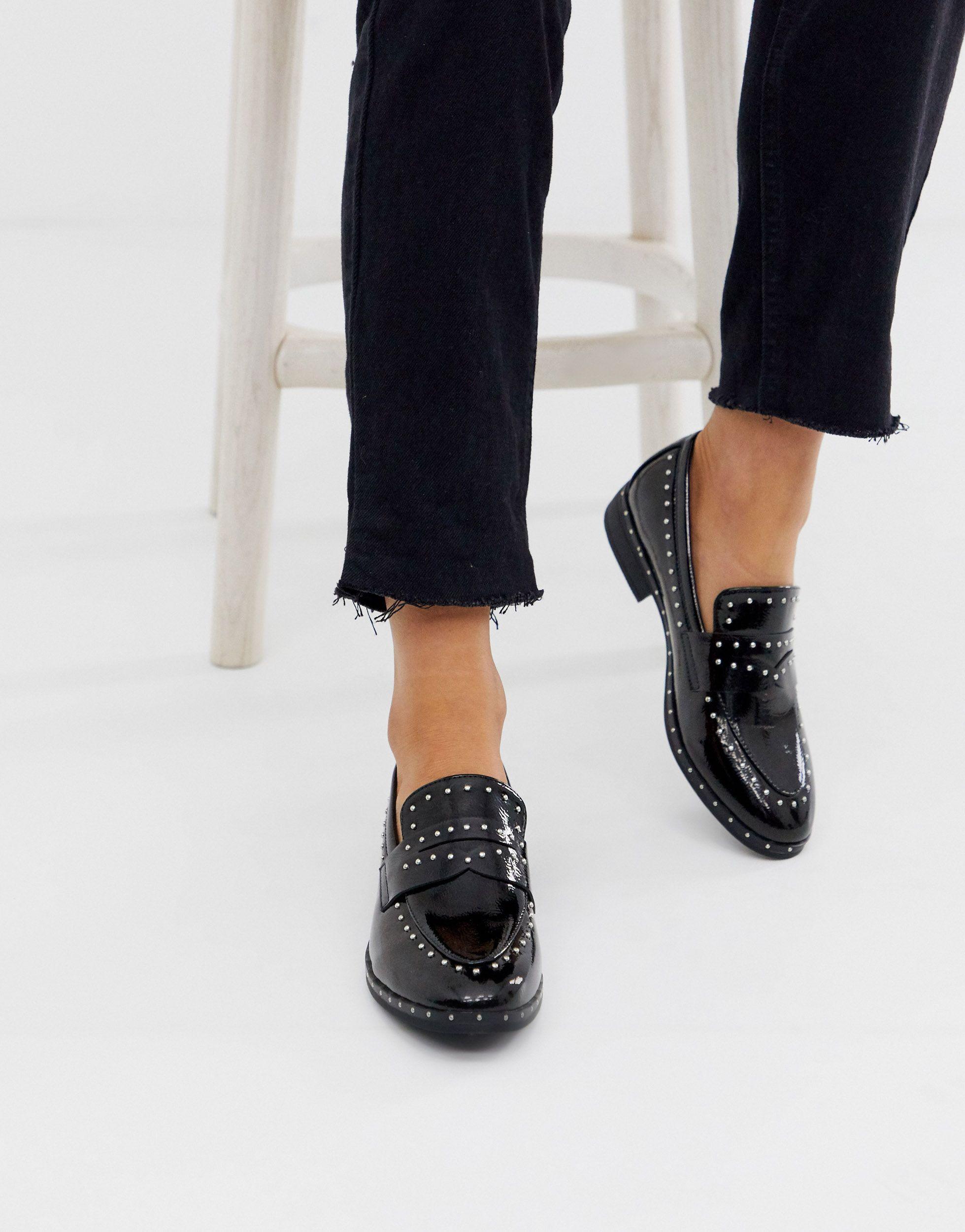 Glamorous Black Studded Loafers | Lyst
