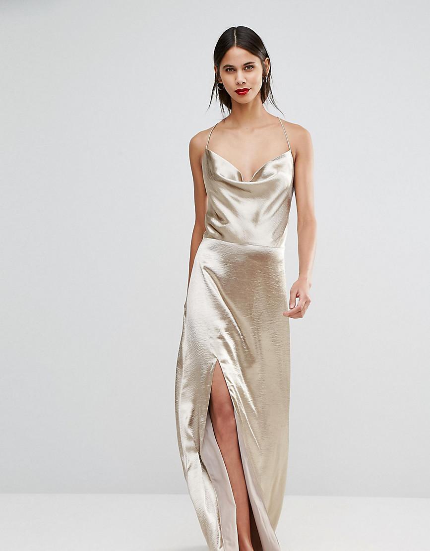 gold metallic cowl split leg maxi dress