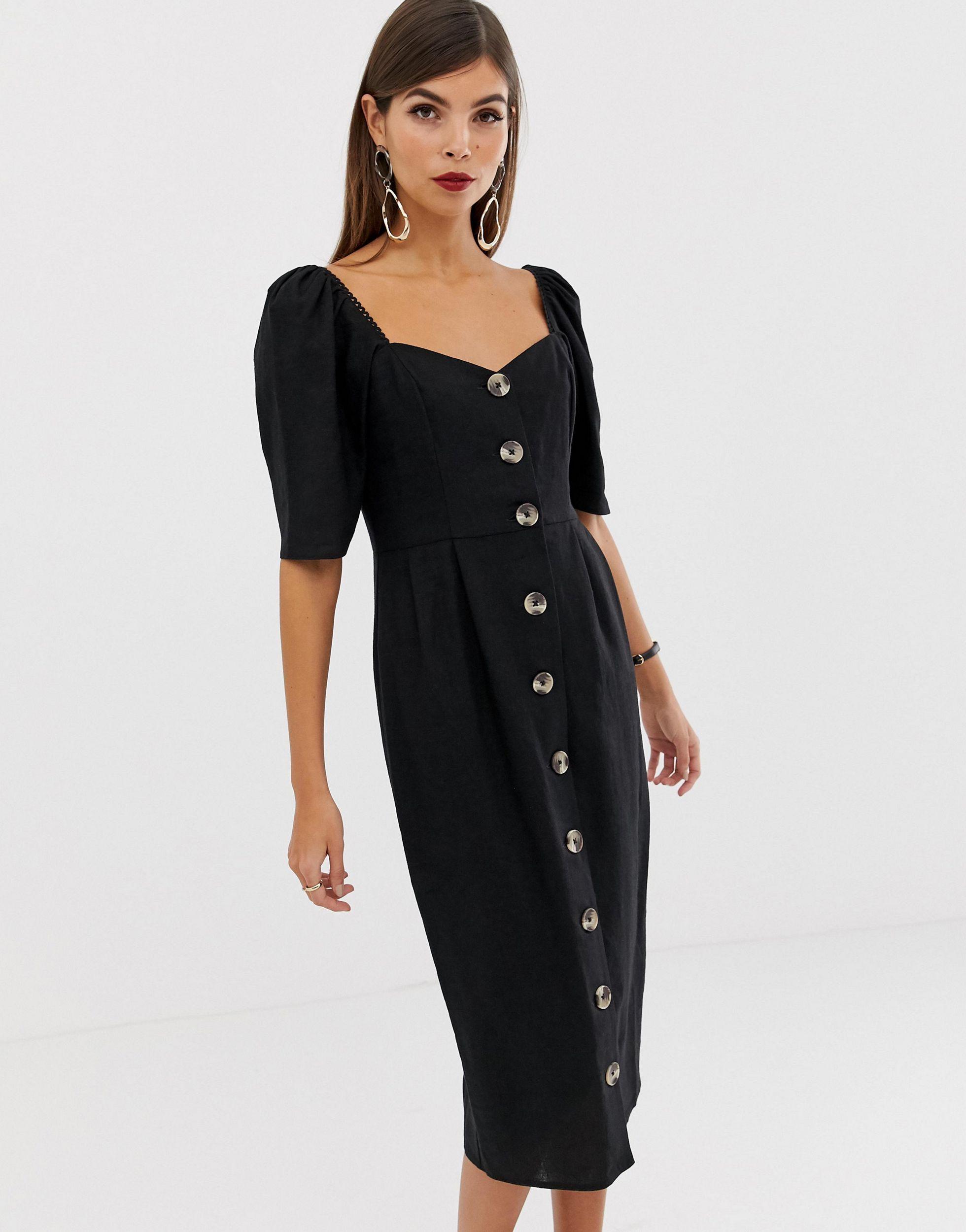 ASOS Linen Button Through Midi Dress With Sweetheart Neckline in Black |  Lyst