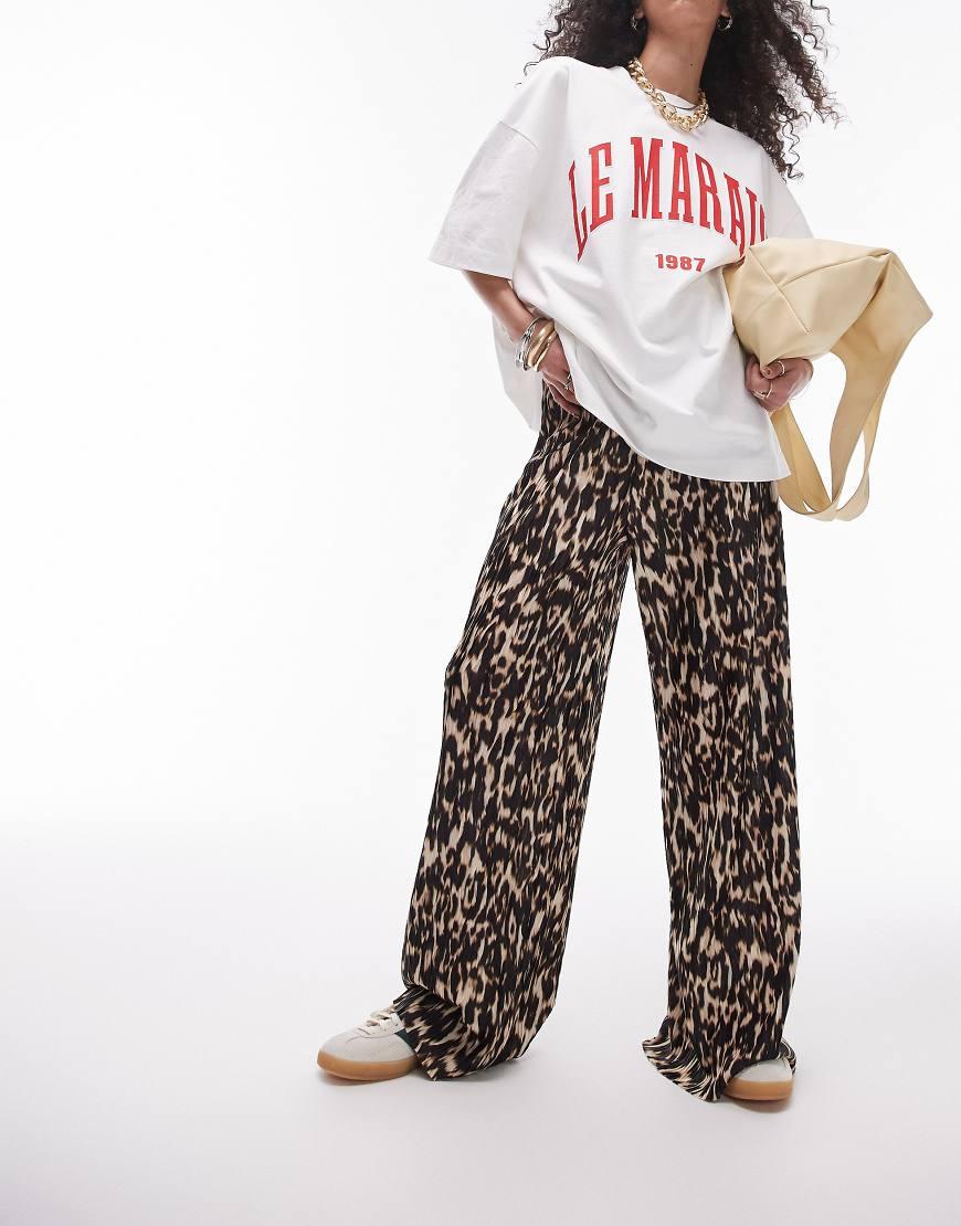 TOPSHOP Abstract Leopard Crinkle Plisse Wide Leg Trouser in