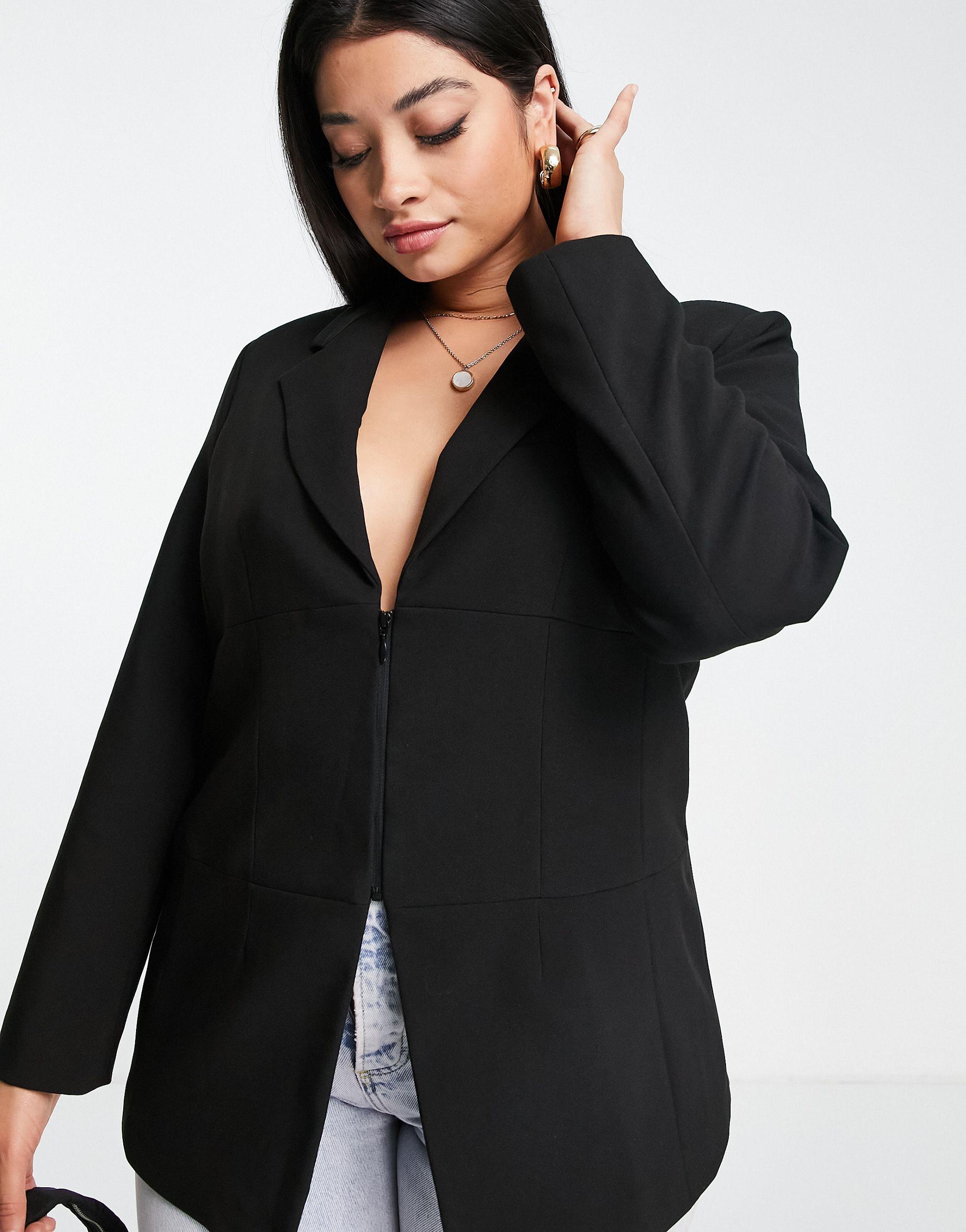 Vero Moda Curve Tailored Waisted Blazer With Zip Front in Black | Lyst