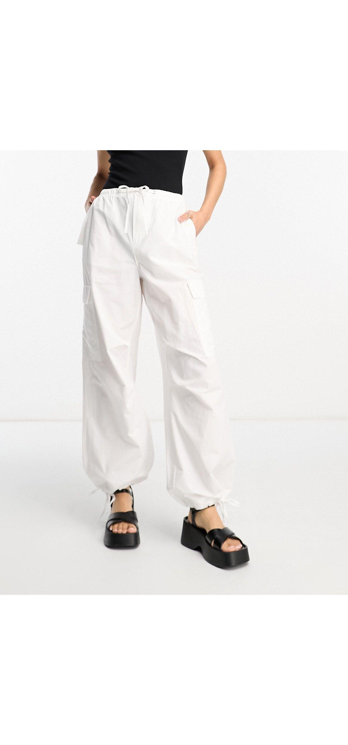 Bershka Petite Tie Waist Nylon Cargo Parachute Trousers in White | Lyst