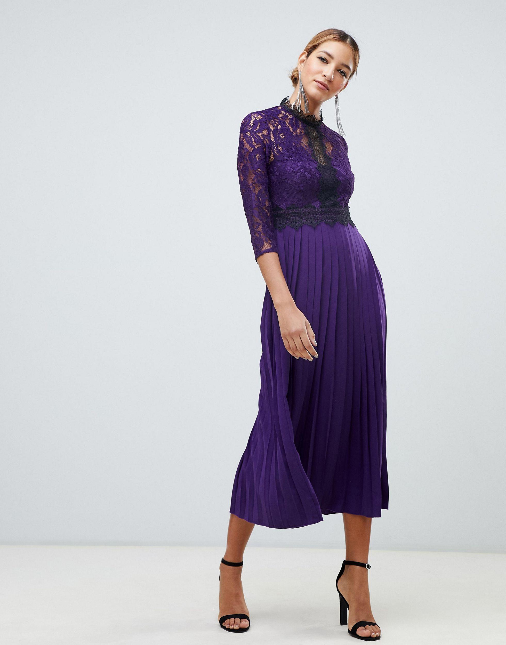 Vestito midi viola da cerimonia con gonna skater e pizzo a contrasto di  Little Mistress in Viola | Lyst