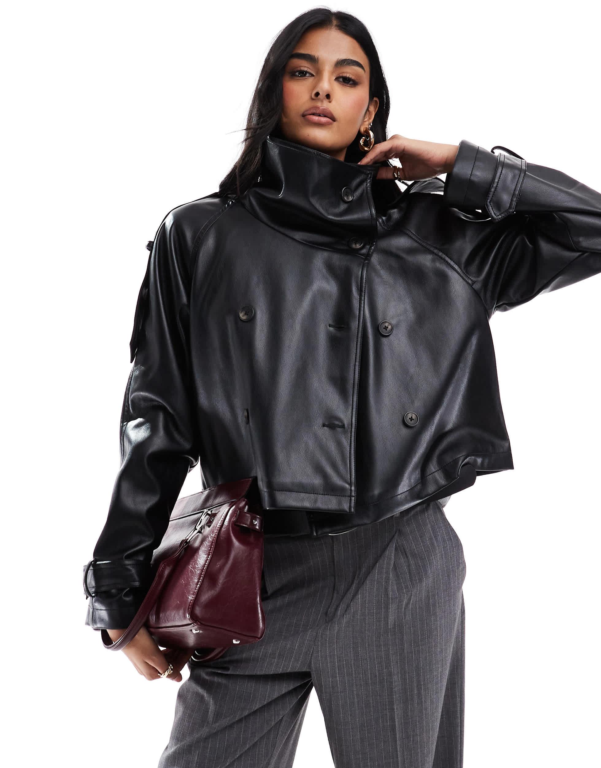ASOS Funnel Neck Leather Look Short Trench Coat In Black Lyst