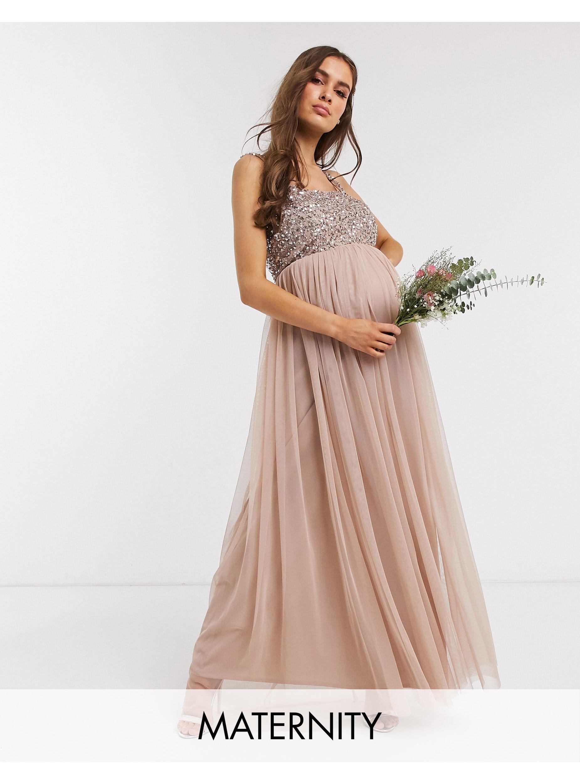 Maya Maternity Bridesmaid Sleeveless Square Neck Maxi Tulle Dress With  Tonal Delicate Sequin Overlay | Lyst UK