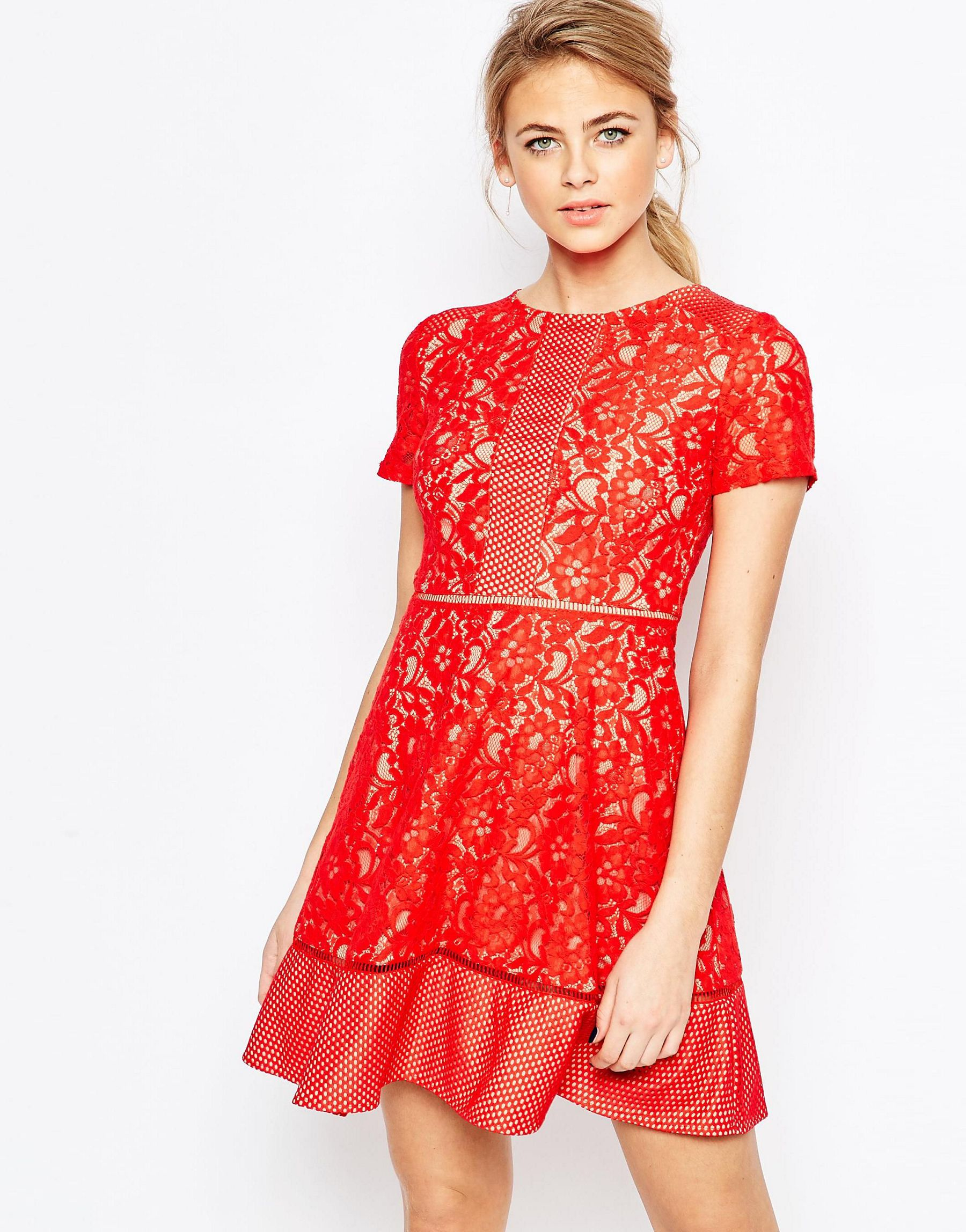 Oasis Lace Skater Dress in Red Lyst