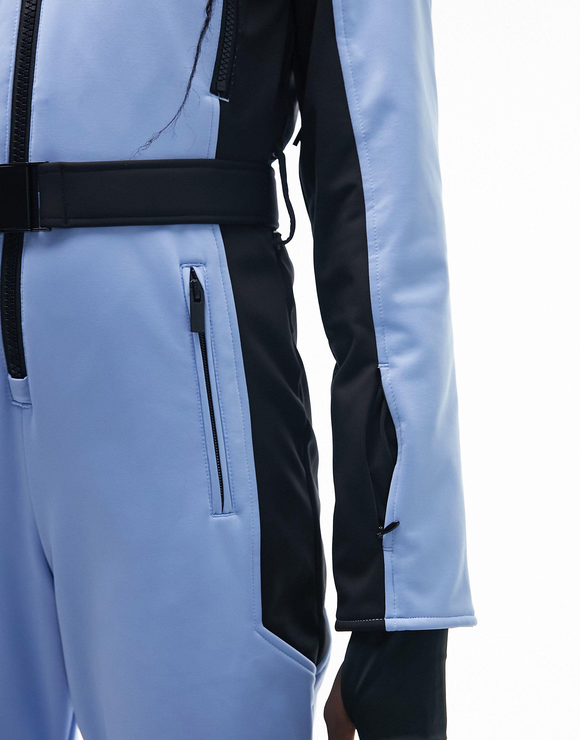 TOPSHOP Sno Ski Suit With Fur Hood & Belt in Blue