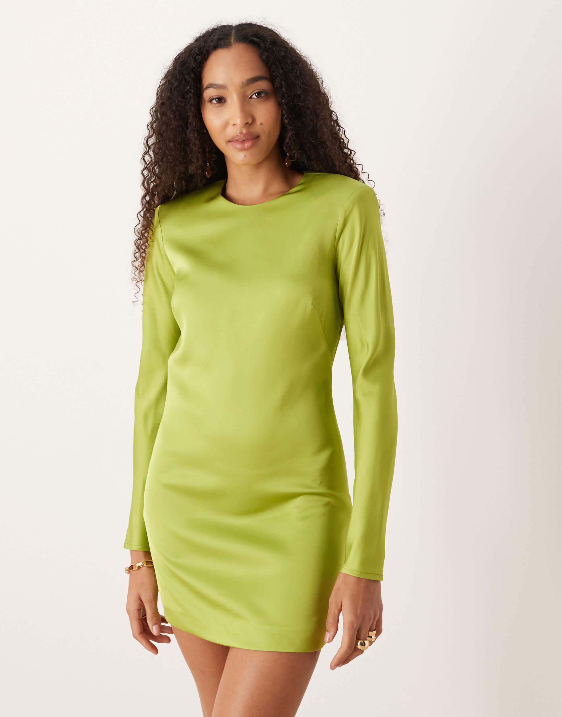 long sleeve green satin mini dress Women's Green Mini Dress Long Sleeve Evening