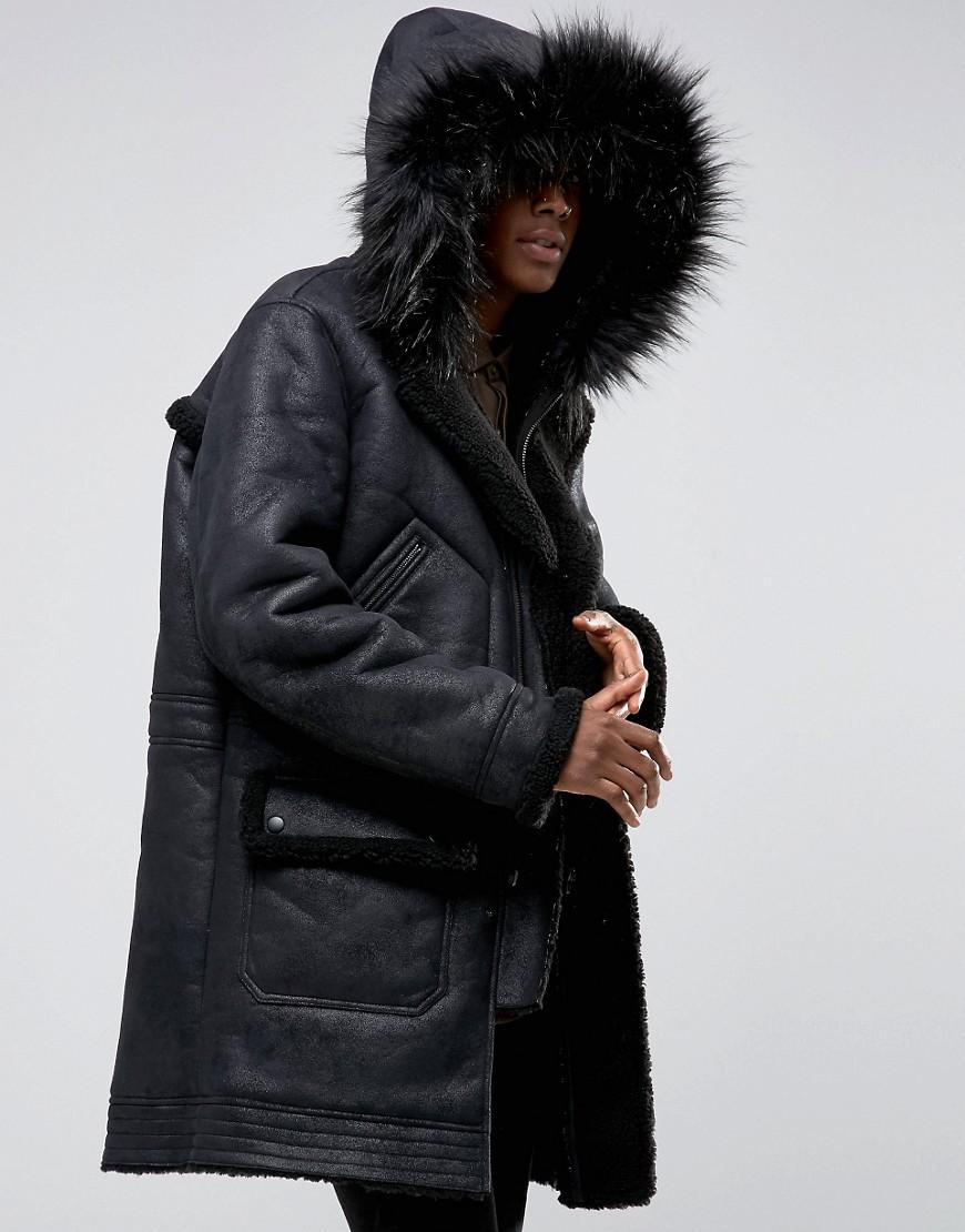 ASOS Faux Shearling Parka With Hood In Black for Men - Lyst