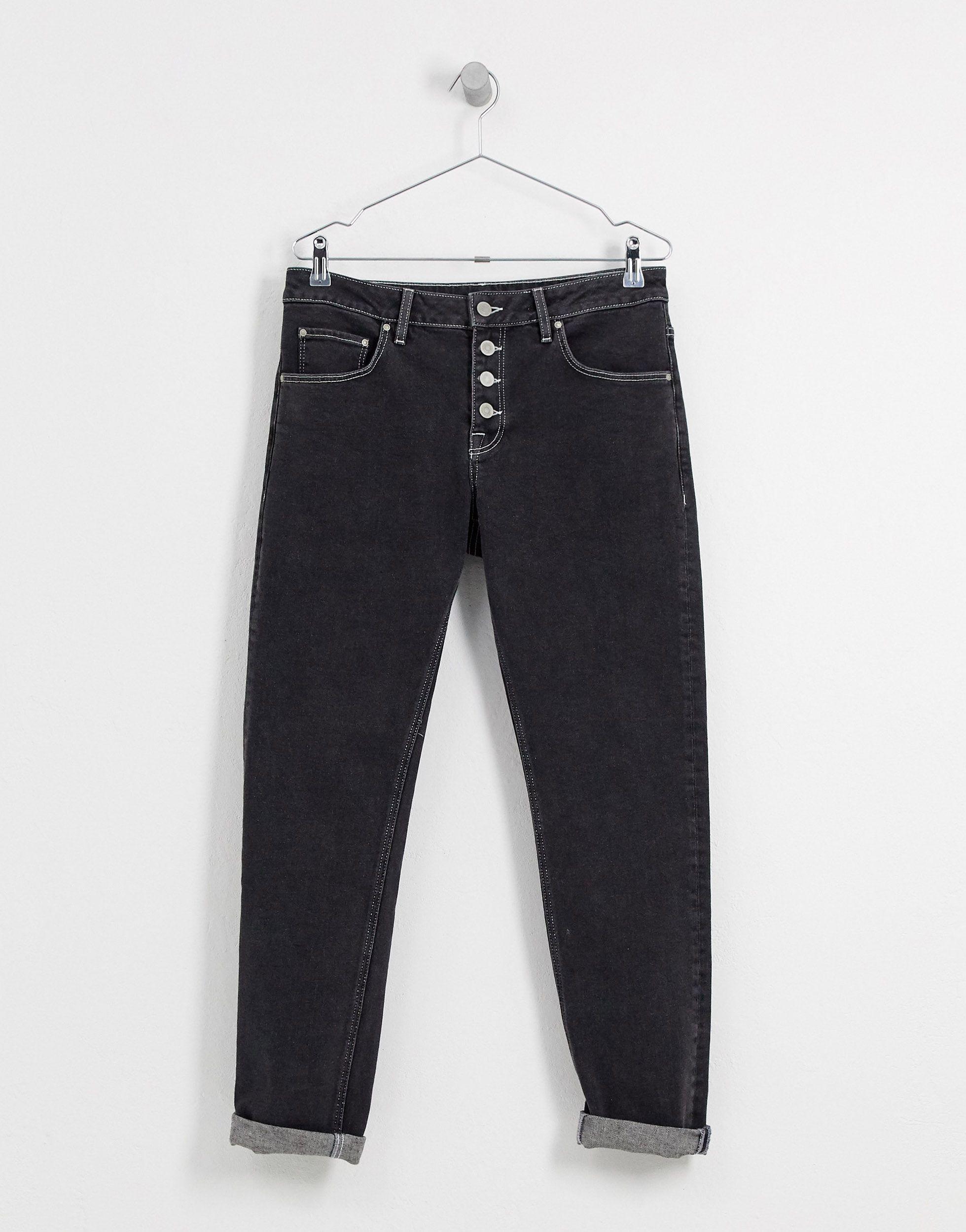 ASOS Denim Stretch Slim Jeans With Exposed Button Fly in Black for Men