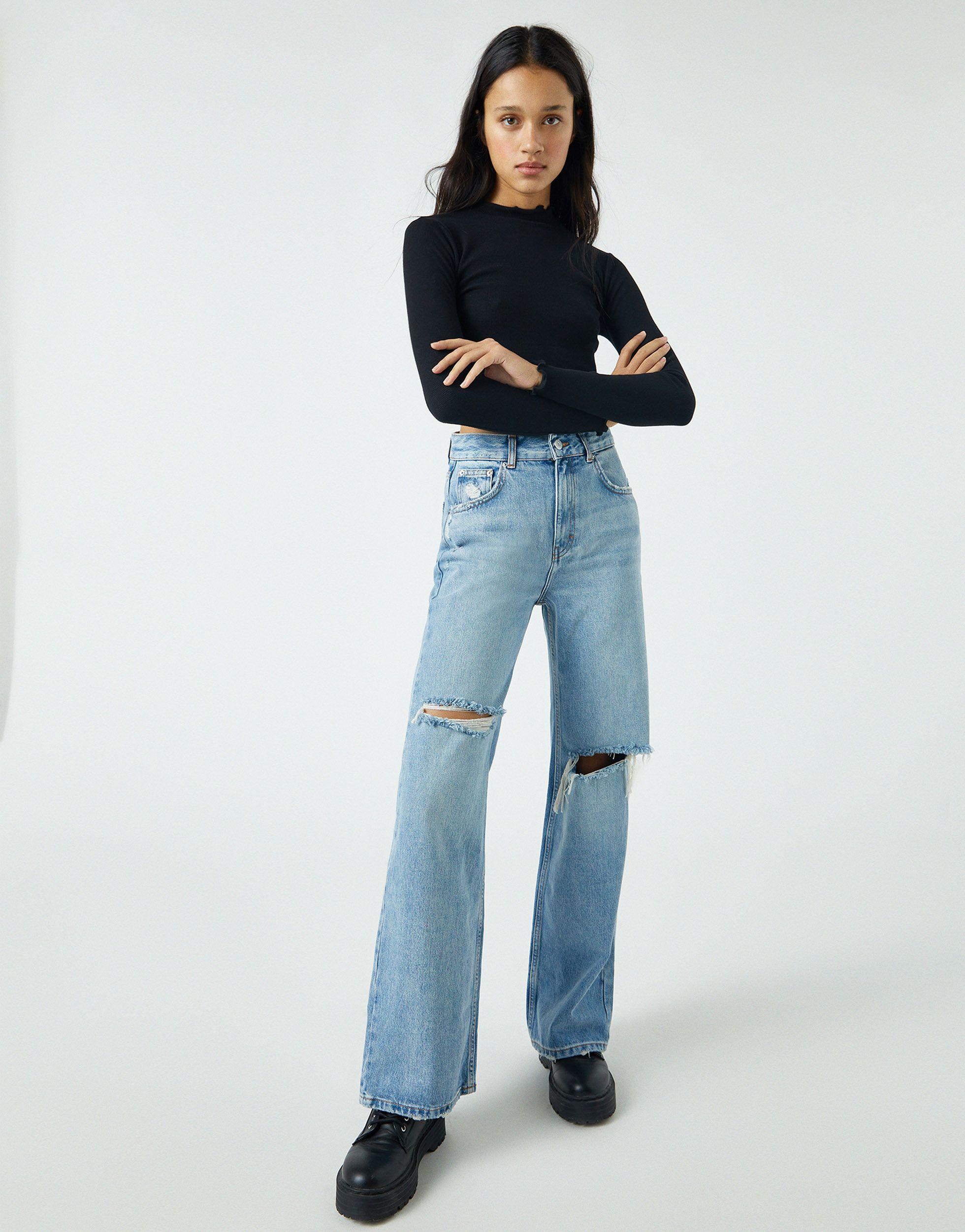 Pull&Bear 90's Straight Leg Jeans With Rips in Blue | Lyst