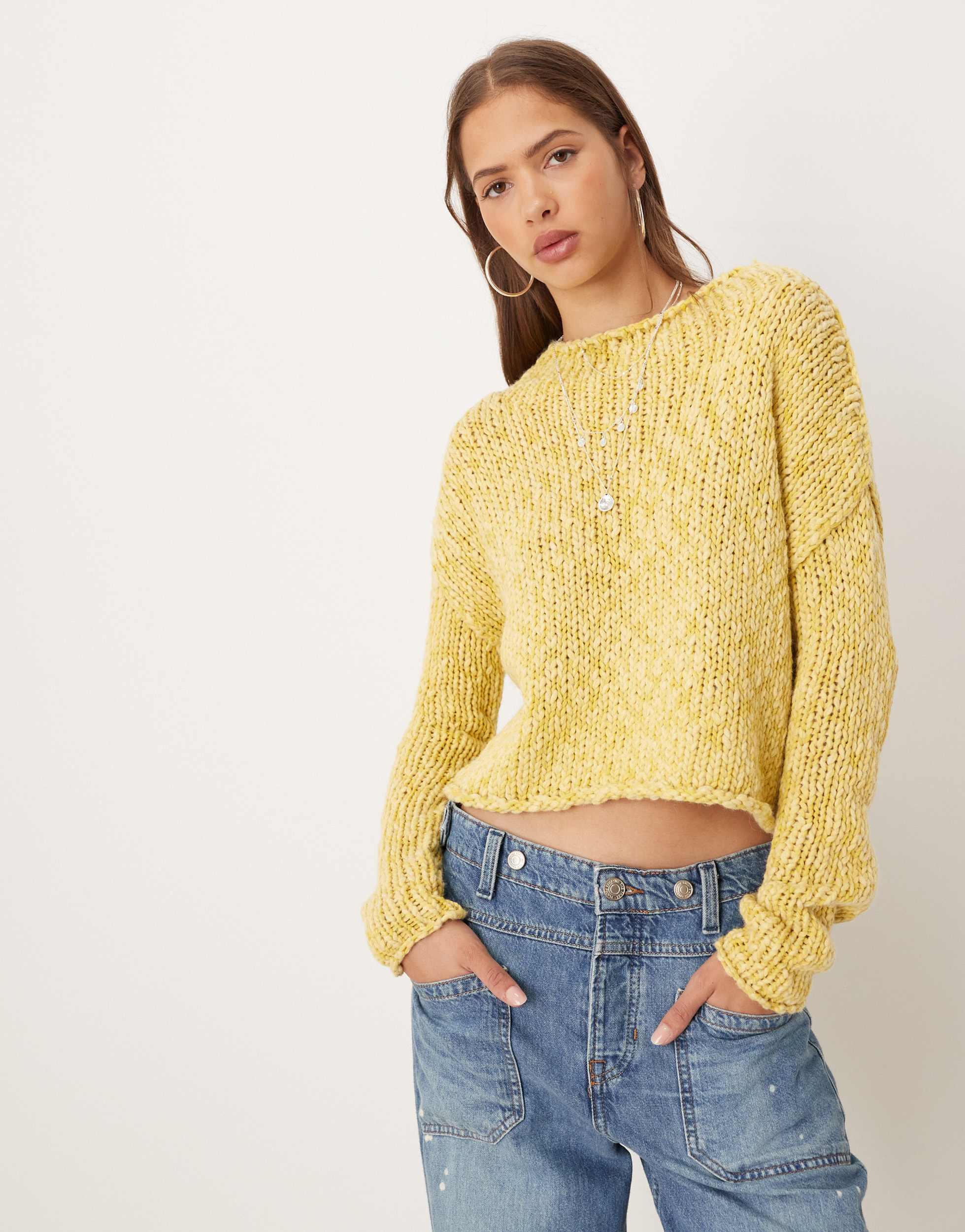 Pull Crop Free People En Laine/polyester - Taille M, Vert, Col Rond, Manches Longues