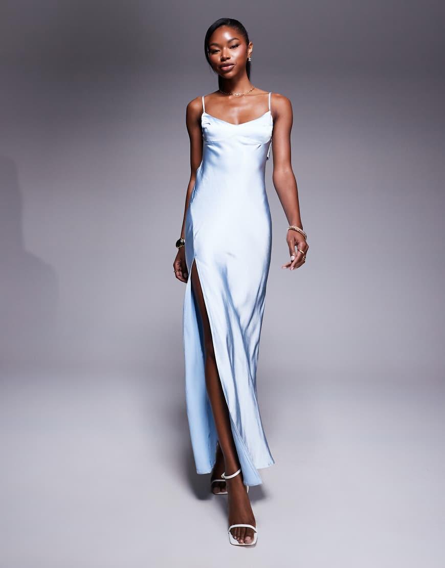 princess polly blue silk dress Princess Polly satin open back thigh split cami maxi dress in light blue