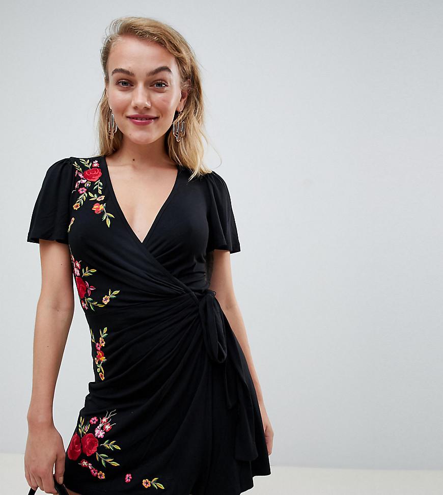 ASOS Denim Asos Design Petite Embroidered Wrap Dress in Black Lyst