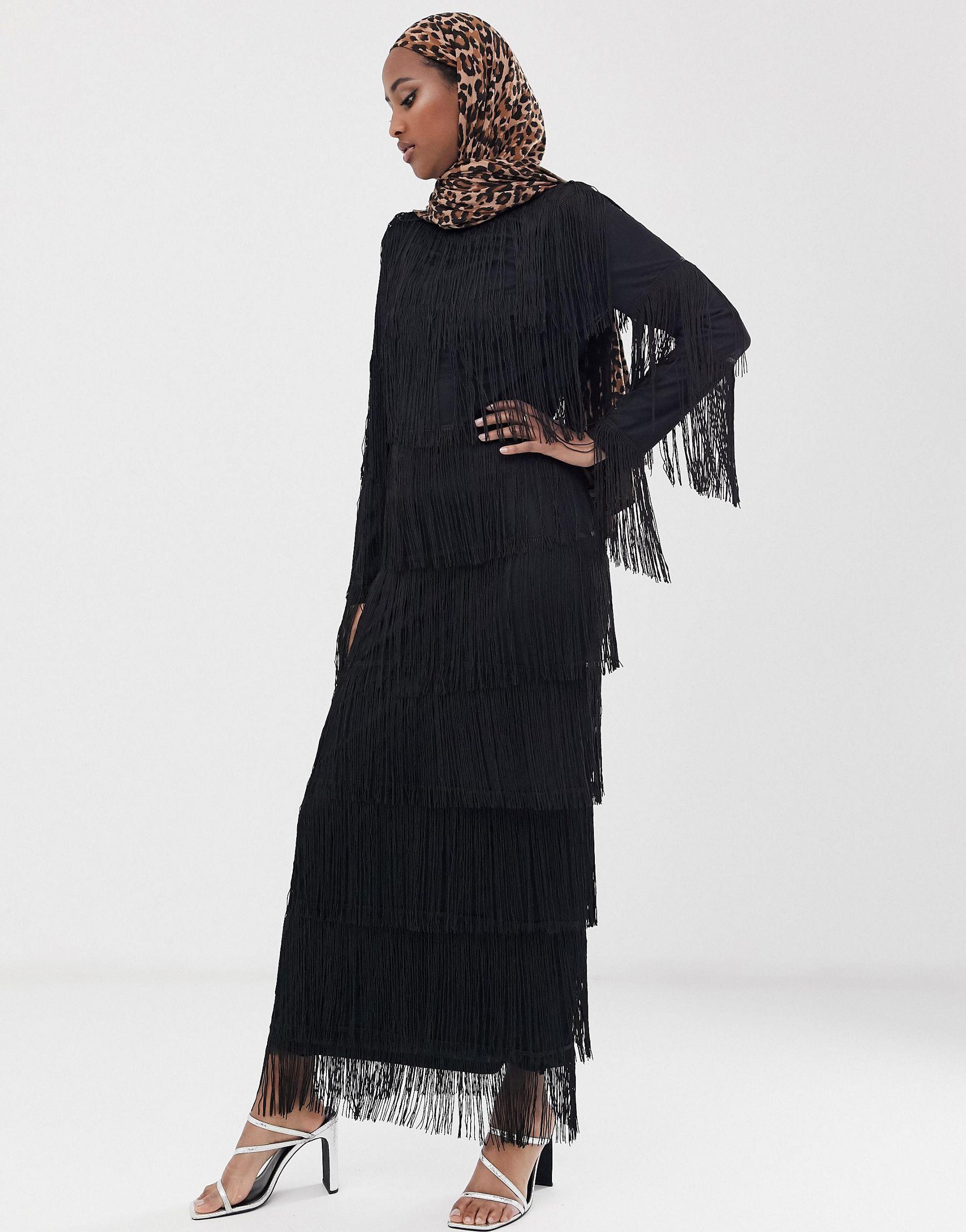 Long Sleeve Fringe Column Maxi Dress 