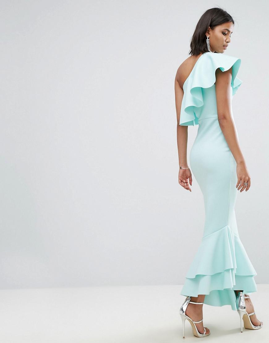one shoulder ruffle hem maxi dress