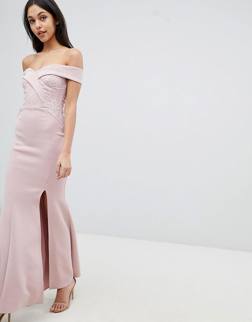 lipsy sequin top bardot fishtail maxi dress